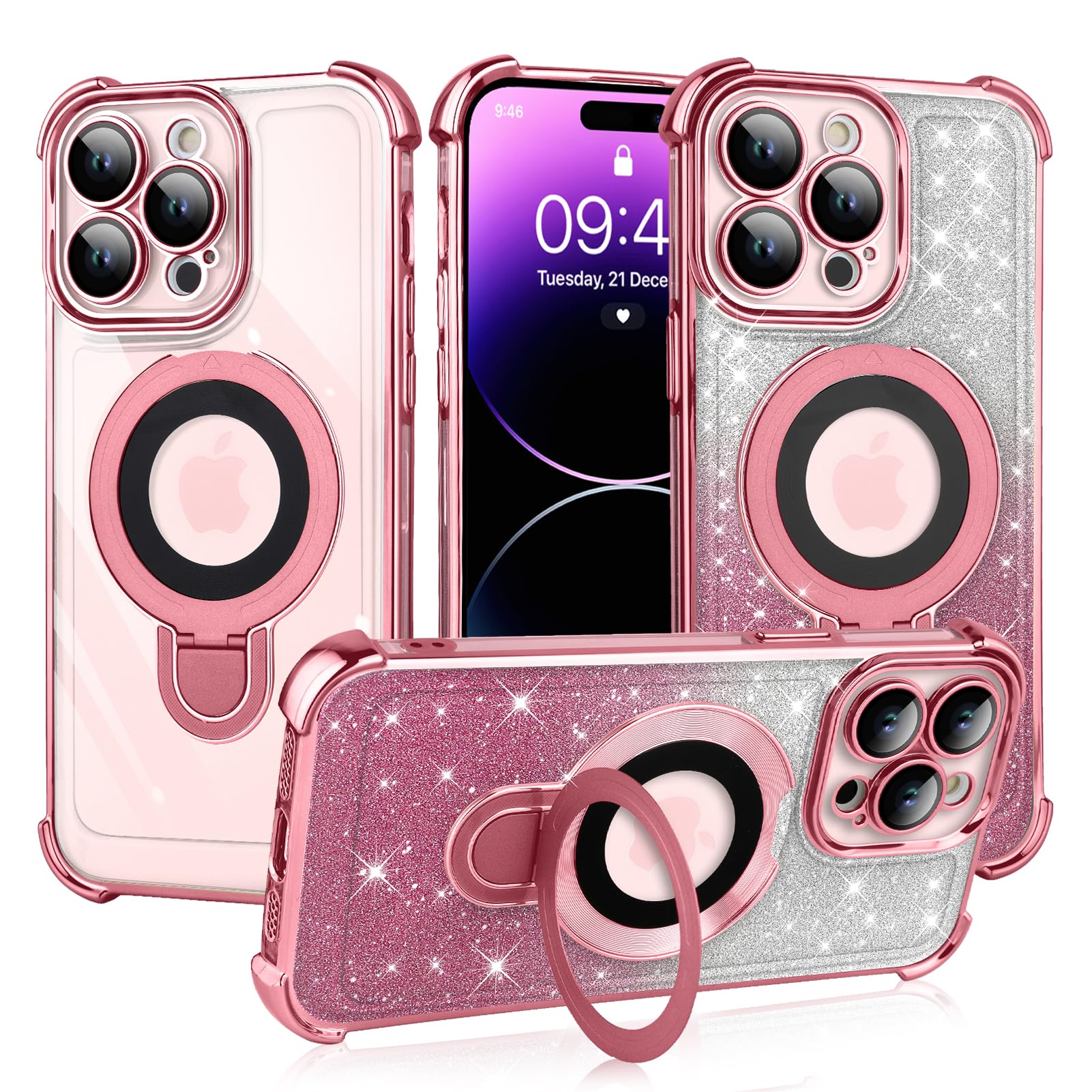 ZIYE Magnetic Case for iPhone 15 Pro Max with Kickstand [Compatible with MagSafe] with Camera Lens Protector & Raised Reinforced Corners, Glitter Luxury Plating Cute Bling Case for Women 6.7" Pink