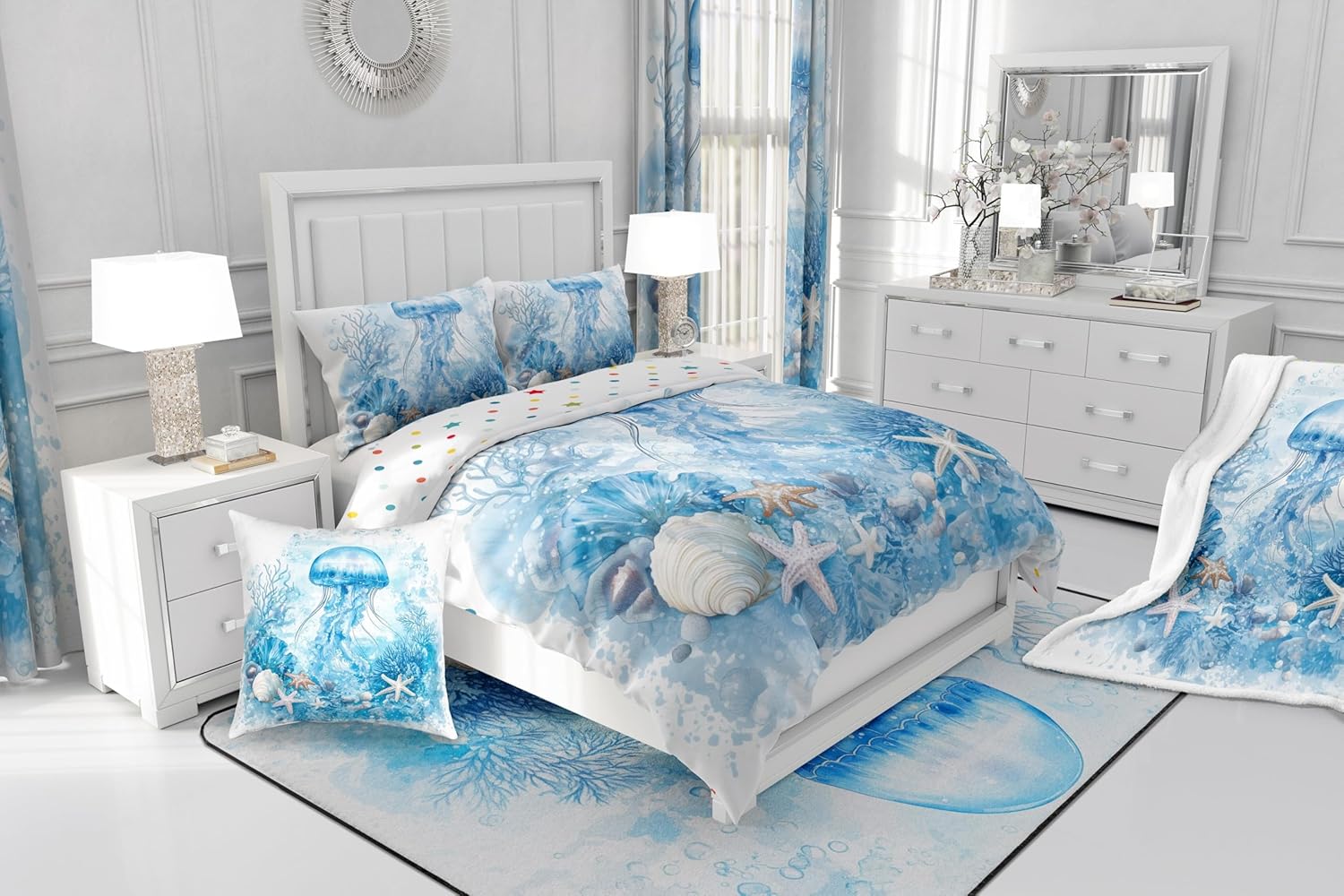 Feelyou Kids Blue Ocean Theme Jellyfish Comforter Set,Underwater World Jellyfish Bedding Set Queen Size,Ocean Beach Comforter,Jellyfish Coral Bed Set for Boys Girls