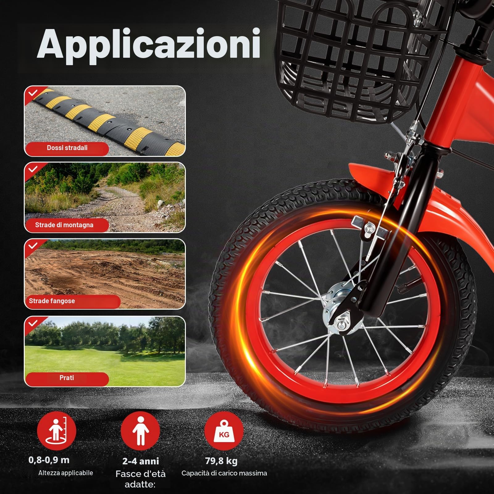 Bicicletta per bambini, 12 pollici, universale, per principianti, con ruote di supporto e bottiglia d'acqua, adatta per bambini, da 2,62 – 3,11 ft in (rosso)