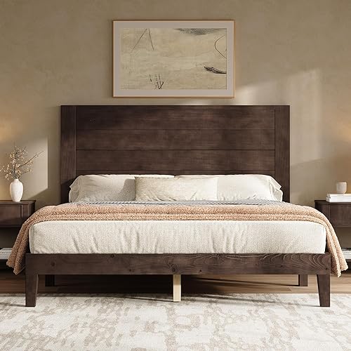 AMERLIFE Base de cama de madera maciza de tamaño Queen con cabecera de 48 pulgadas, plataforma moderna de mediados de siglo con sistema de listones