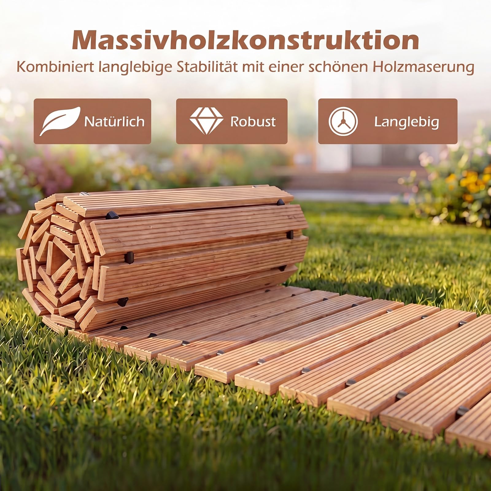 GYMAX 367 cm Rollweg, Holzpfad ausrollbar mit Rutschfester Oberfläche, wetterfester Gartentritt, tragbarer Gartenweg für Garten, Rasen, Strand, Hochzeit, Party (Natur)
