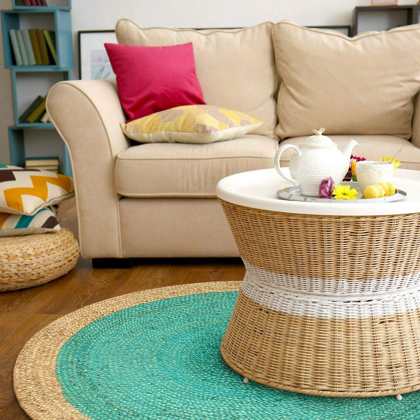 Tapis rond en jute naturelle tissé à la main, turquoise avec bordure beige, 91,4 x 91,4 cm (91,4 cm rond)