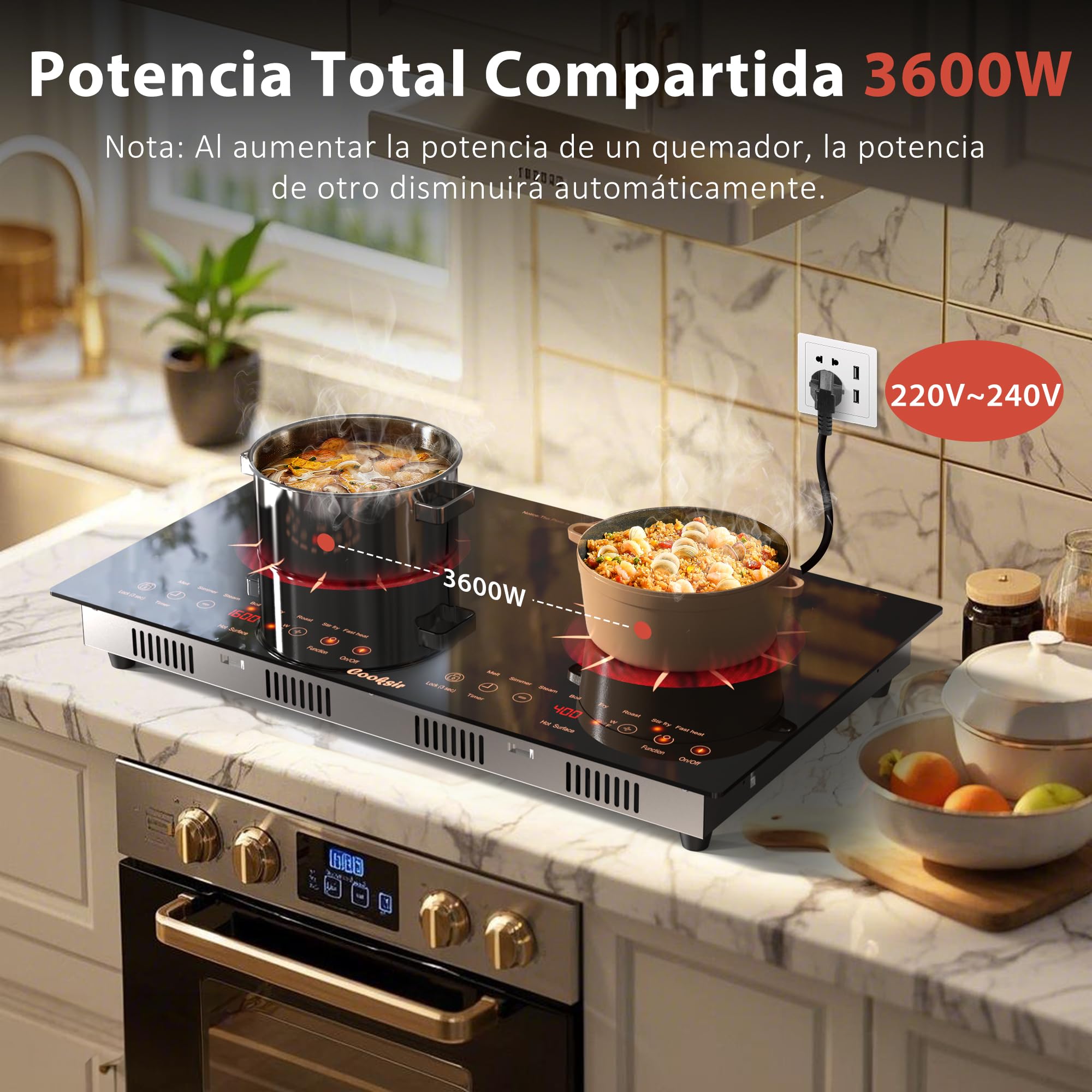 Placa Vitrocerámica de 2 Fuegos Portatil, 60 cm Para Empotrar o Móvil | Cooksir Vitroceramica, Autónoma, Tacto Horizontal Independiente, Bloqueo de Seguridad, 220 V ~ 240 V, 3600 W, con Enchufe