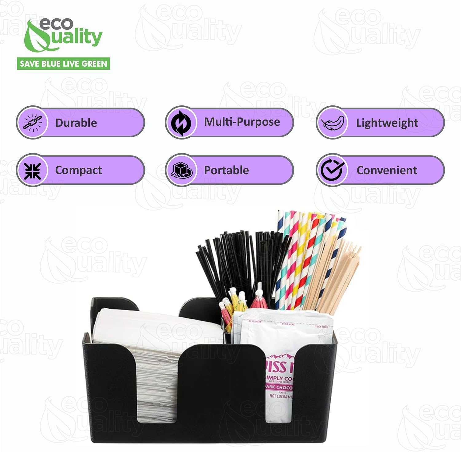 [1 PACK] Bar Caddy with 6 Compartments, Plastic Bar Organizer, Heavy Duty Refillable Bar Organizer, Barware Caddy, Napkin Dispenser, Straw Organizer by EcoQuality