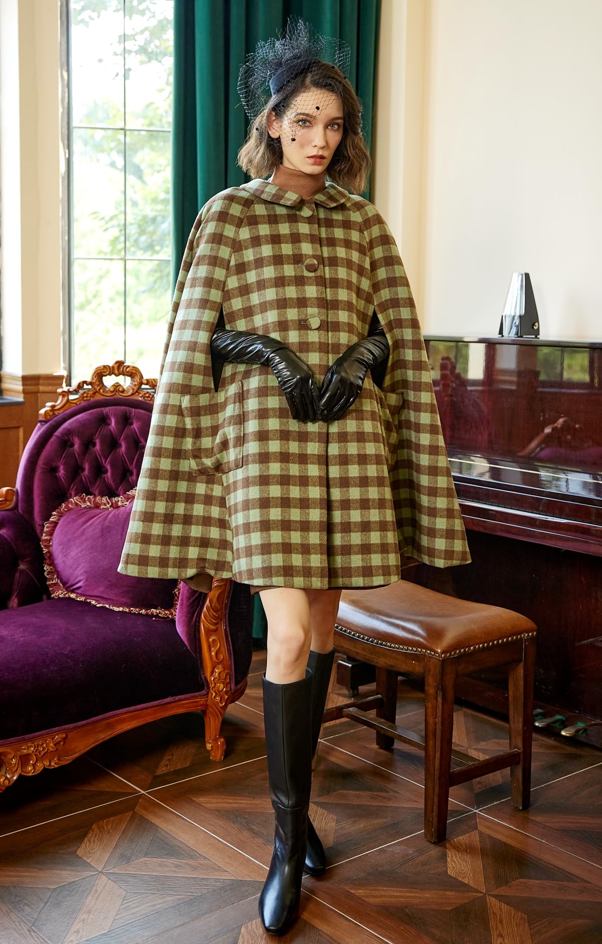 BEAUTELICATE Umhang Poncho Damen Wollmischung Umhang Mantel Bubikragen Poncho Cape mit Ärmelnähte Winddicht Leoparde Wintermantel mit Taschen Herbst Winter für Hochzeit Halloween Weihnachten