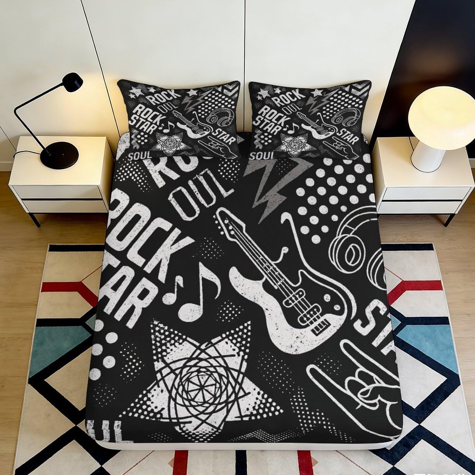 3D Printed Rock Guitar Fitted Sheet Microfiber Soft Black Music Notes Mattress Cover for Bedroom Dorm Decor 90x200x25cm