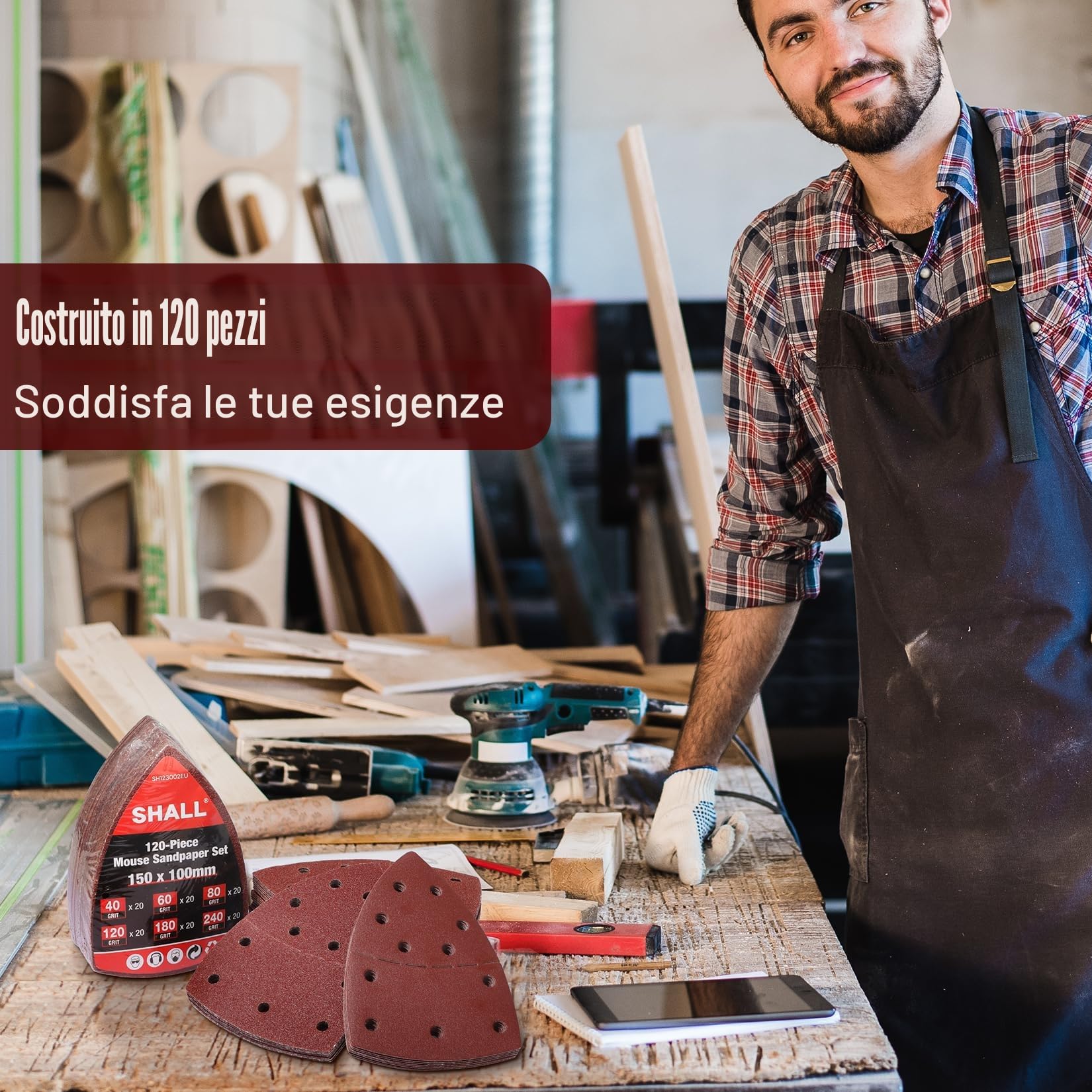 SHALL Set da 120 fogli abrasivi triangolari 105x152mm per levigatrice mouse, grane 40-240