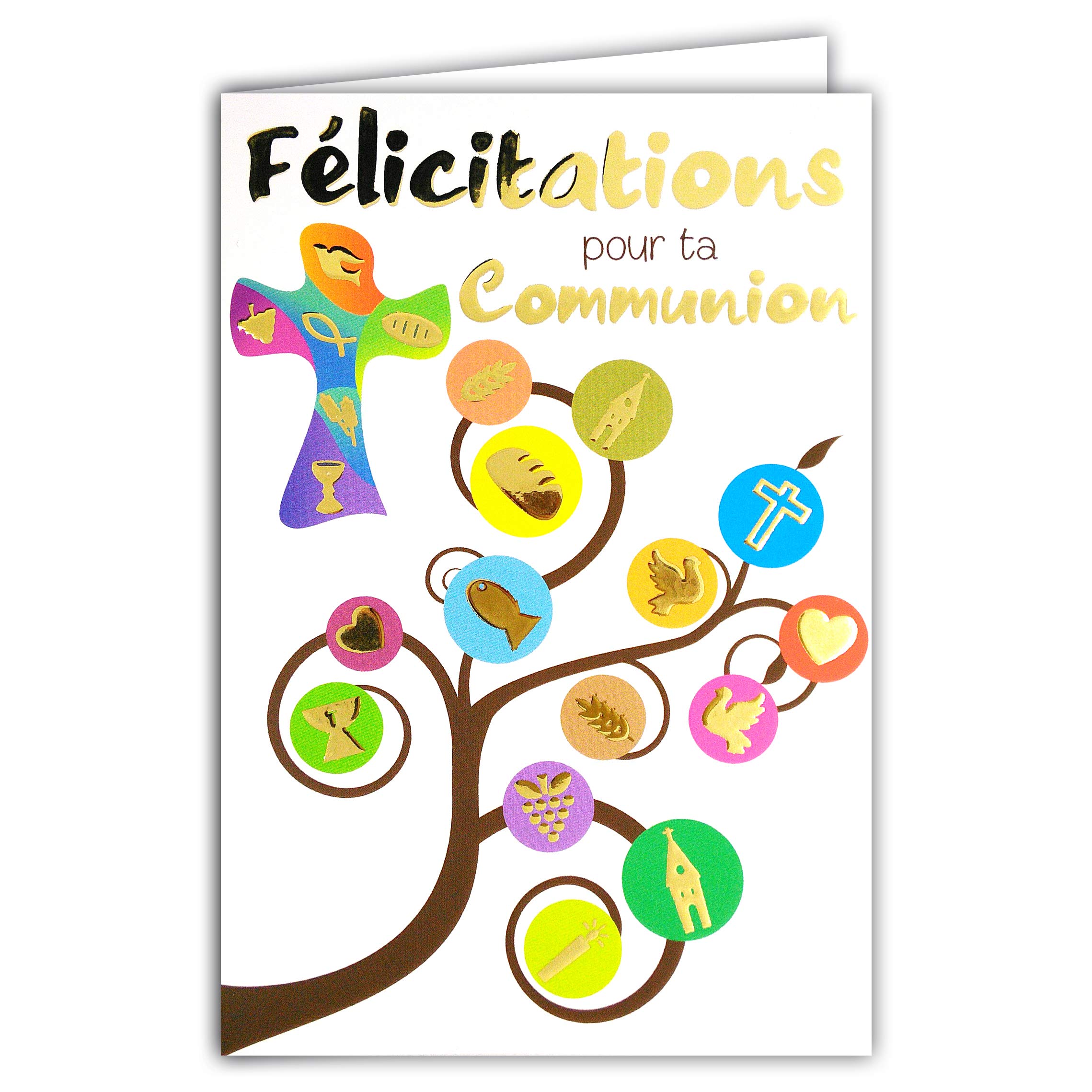 Afie 68-1203 Congratulations on Your Holy Communion Gold Symbols Shiny Cross Catholic Wheat Bread Ostie Cluster Grape Wine Church Candle Party Spring 68-1203
