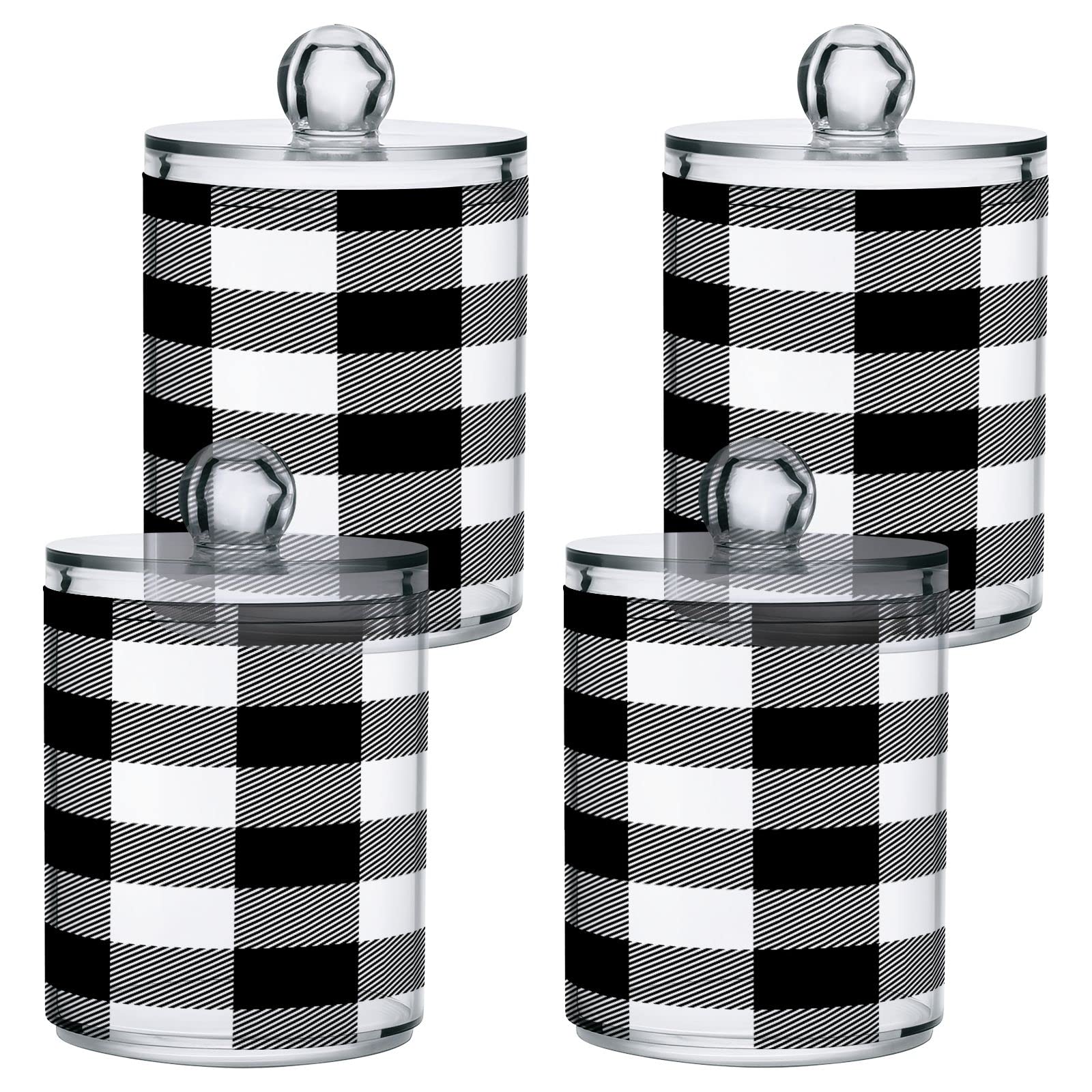 xigua 2 Pack Qtip Holder Dispenser White Black Buffalo Plaid 10 Oz Bathroom Organizer with Lids Storage Canister for Cotton Ball,Cotton Swab,Cotton Round Pads,Floss
