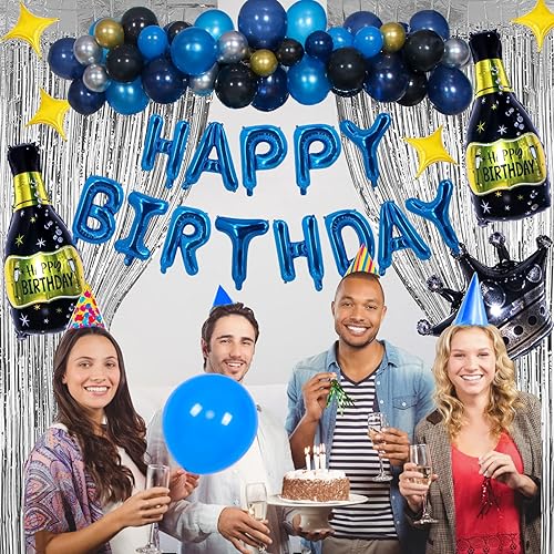 Miniatura 4 de Decoraciones de feliz cumpleaños para hombres decoraciones de fiesta de cumpleaños azul real para hombres mujeres y niños con cortinas de flecos de
