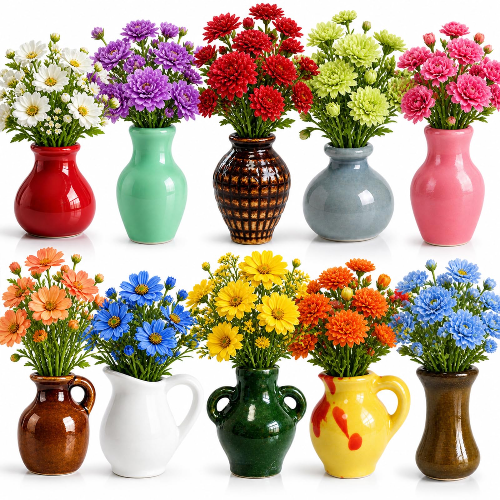 View 1 of 10 Pack Ceramic Mini Vase Magnets for Fridge with 20 Artificial Flower Stems, Decorative Flower Vase Refrigerator Magnets, Magnetic Vases for Kitchen Office Home Decor