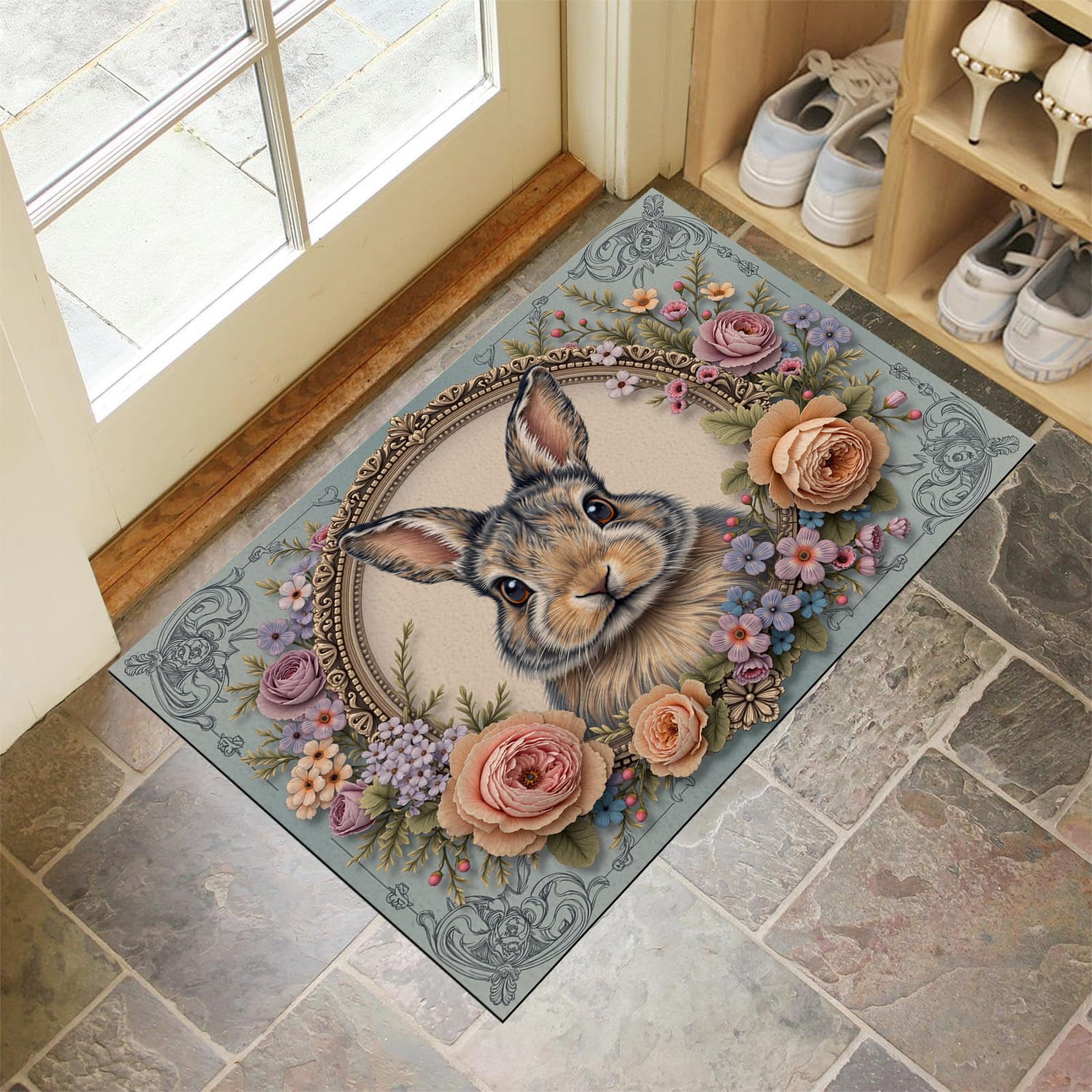Felpudo de entrada 90 x 150 cm con elegante diseño de animales en acuarela azul