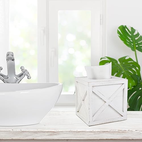 Miniatura 3 de Paquete de 2 soportes cuadrados de madera rústica para caja de pañuelos con panel inferior deslizante, dispensador de papel facial de granja para