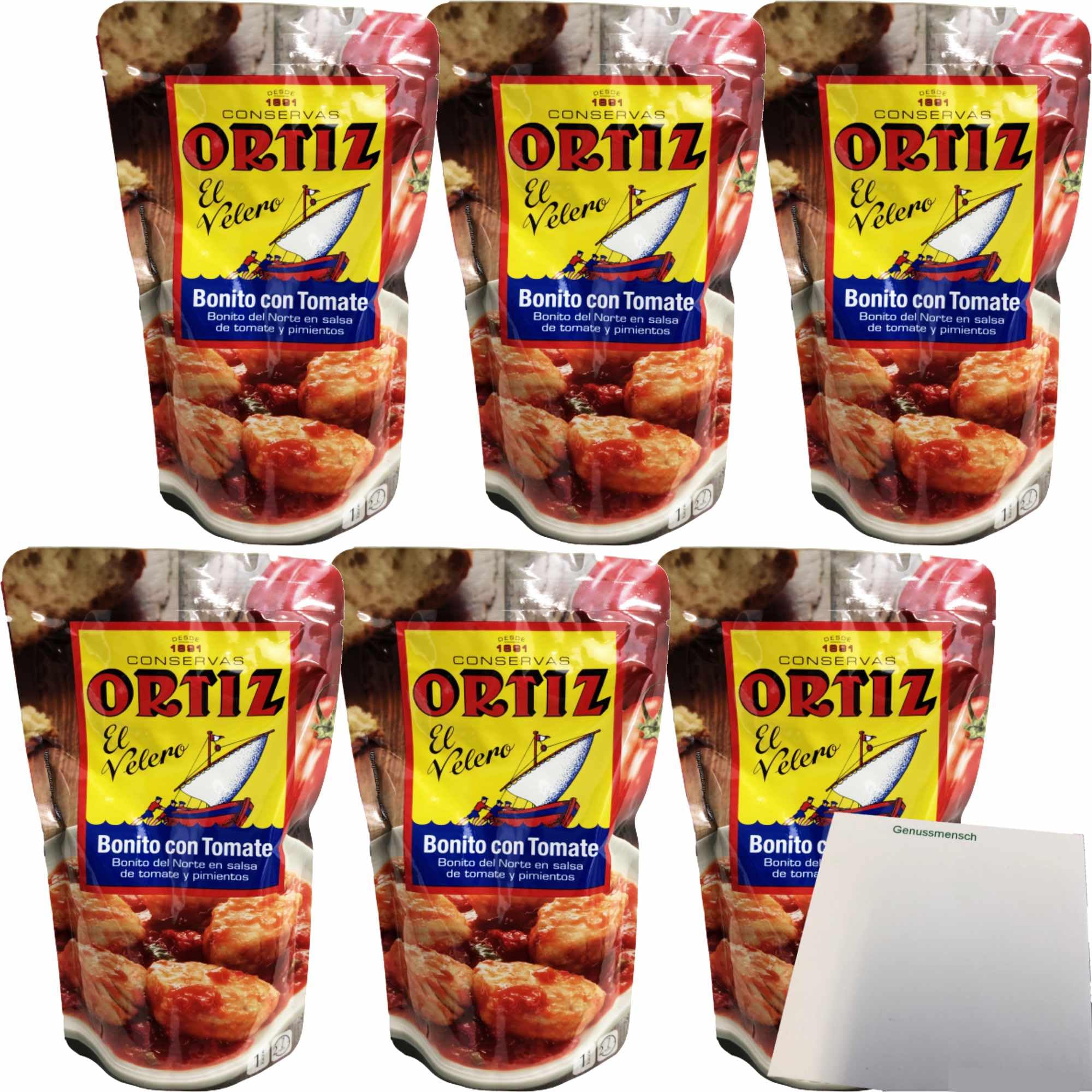 usy Bundle für Conservas Ortiz Bonito con Tomate "Weißer Thunfisch in Tomatensauce und Paprika" Gastropack (6x300g) + usy Block