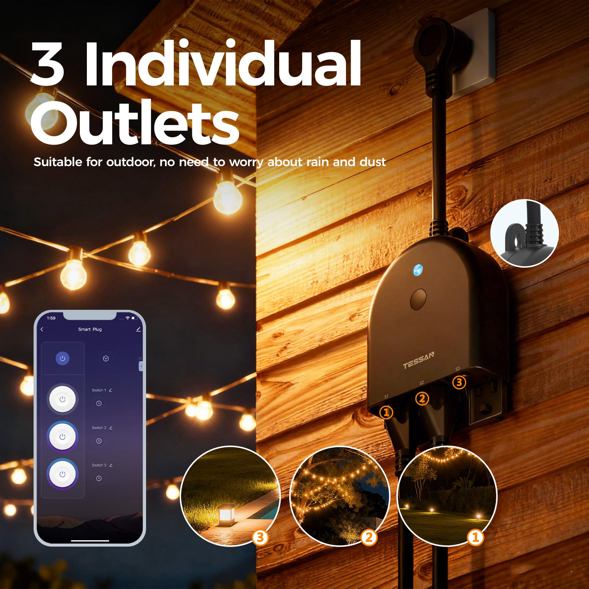 TESSAN Outdoor Smart Plug Waterproof 2 4GHz WiFi Only WiFi Smart Outlet with 3 Individual Sockets Compatible with — view 9