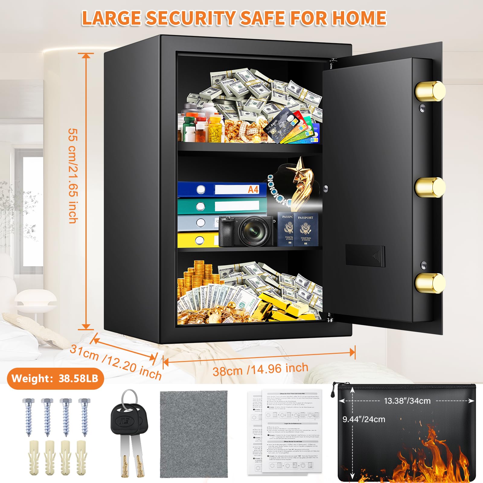 Mejasg Cassaforte ignifuga con custodia per documenti ignifuga e 2 ripiani rimovibili, 75 l, cassaforte per mobili, grande con sistema di allarme, lettore digitale per casa, contanti, gioielli