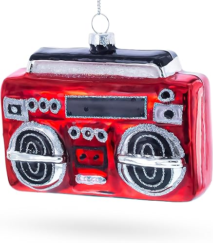 Retro Red Boombox Glass Christmas Ornament