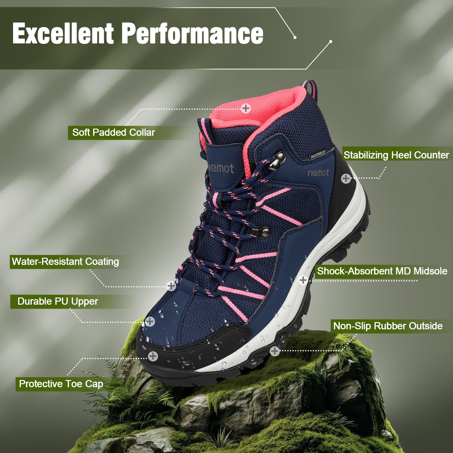 riemot Chaussures de Randonnée Femme Légères Chaussures de Marche Montantes Respirantes Antidérapantes Confort Amorti pour Trekking Sport Marche Camping Protection Outdoor