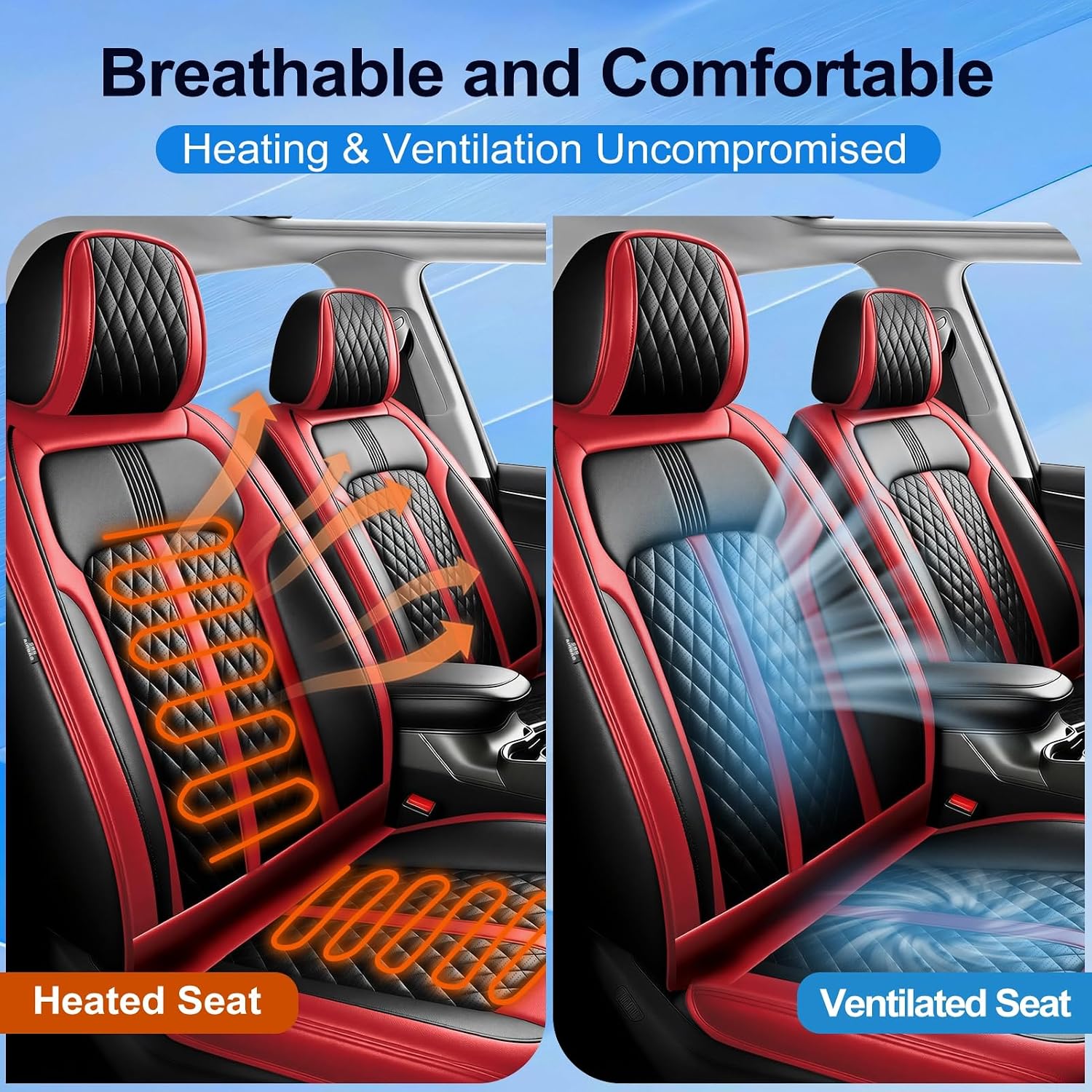 Fit A5 Car Seat Covers (Front Pair) for Select Audi A5 2011-2026, Premium Full Coverage Leather, Airbag Compatible, Waterproof & All Weather Breathable Seat Cushion Protector, Black+Red