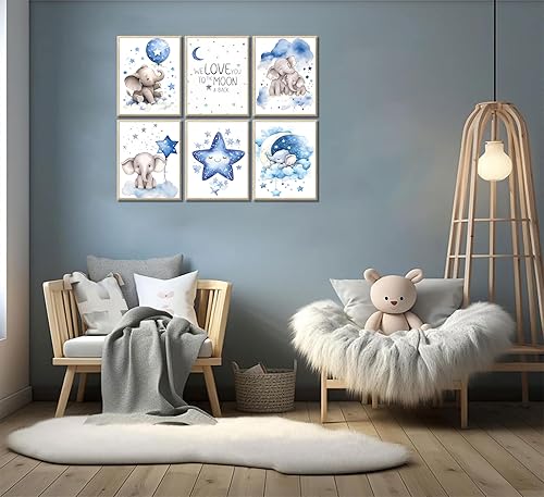 Miniatura 4 de 6 piezas de arte de pared para cuarto de bebé, pinturas de luna de elefante azul, impresión de póster de globo y estrellas, lindo animal para