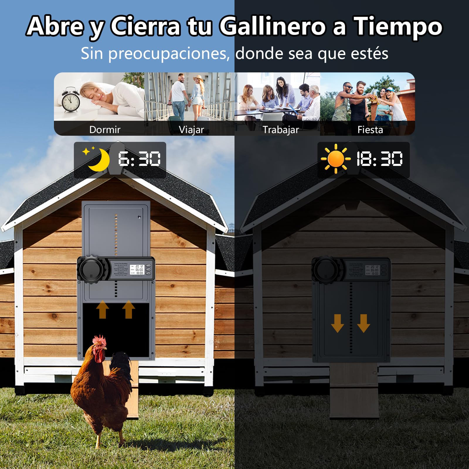 CHAMUTY Puerta Gallinero Automatica con Pantalla LCD Grande, Puerta Automatica Gallinero Aleación de Aluminio con Temporizador, Manual, Anti-atrapamiento, Puertas Automaticas para Gallinero Batería