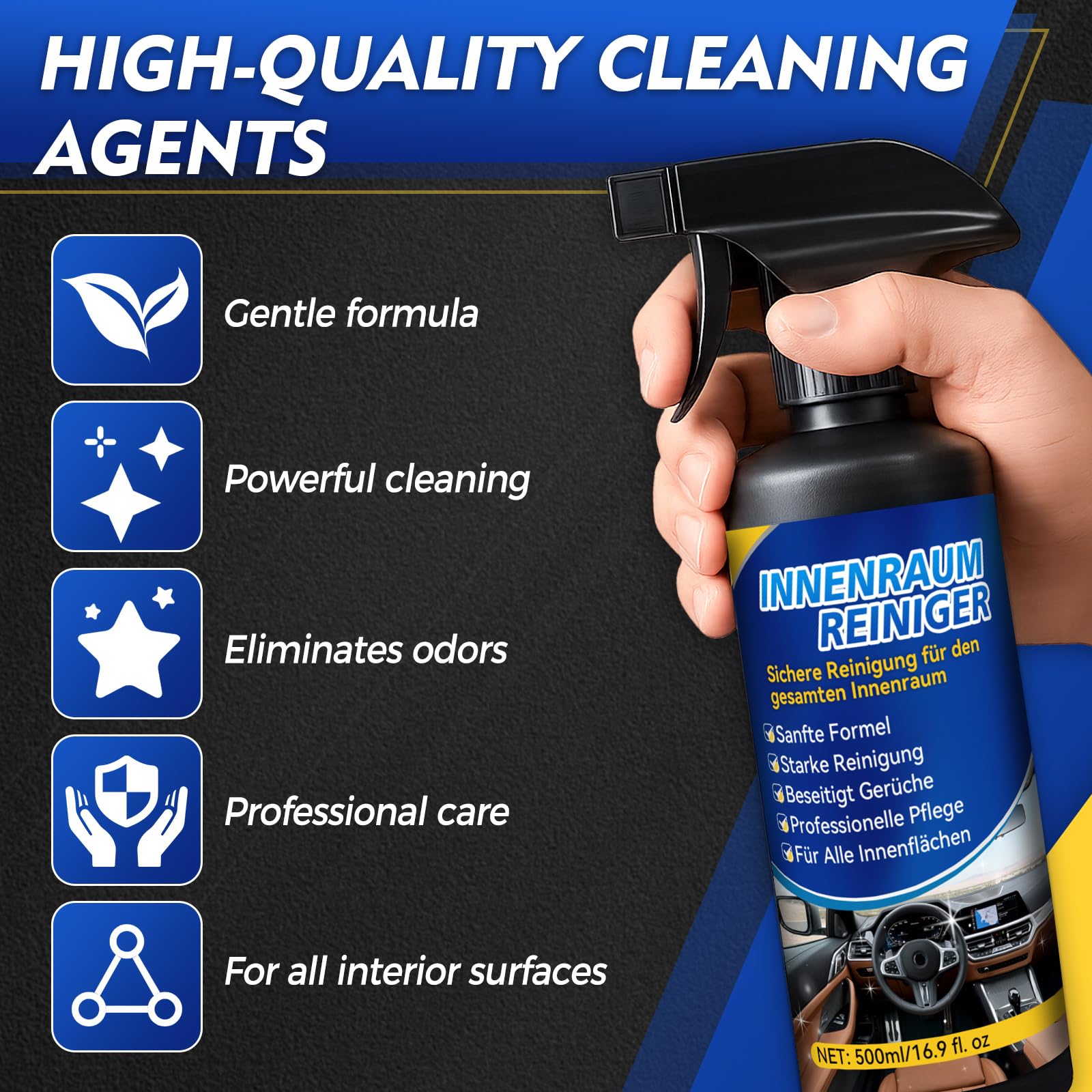Pulizia Auto Interni da 500ml, Contenente Panno in Microfibra e Spugna, Pulizia Interni Auto per Pelle, Plastica, Tessuti, Sedili, Cruscotto e Altre Superfici Interne, Manutenzione di Lunga Durata - 3