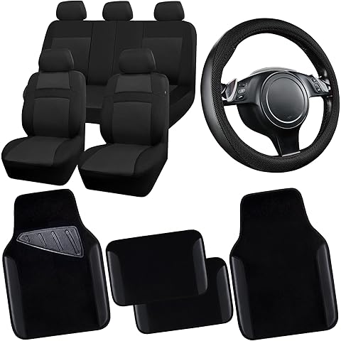 CAR PASS 3D Air Mesh Car Seat Covers Full Sets w/5mm Sponge, 4Pcs Waterproof Car Floor Mats, Steering Wheel Cover Universal Fit for SUV Sedan Truck, Airbag Compatible Automotive Interior(Black)