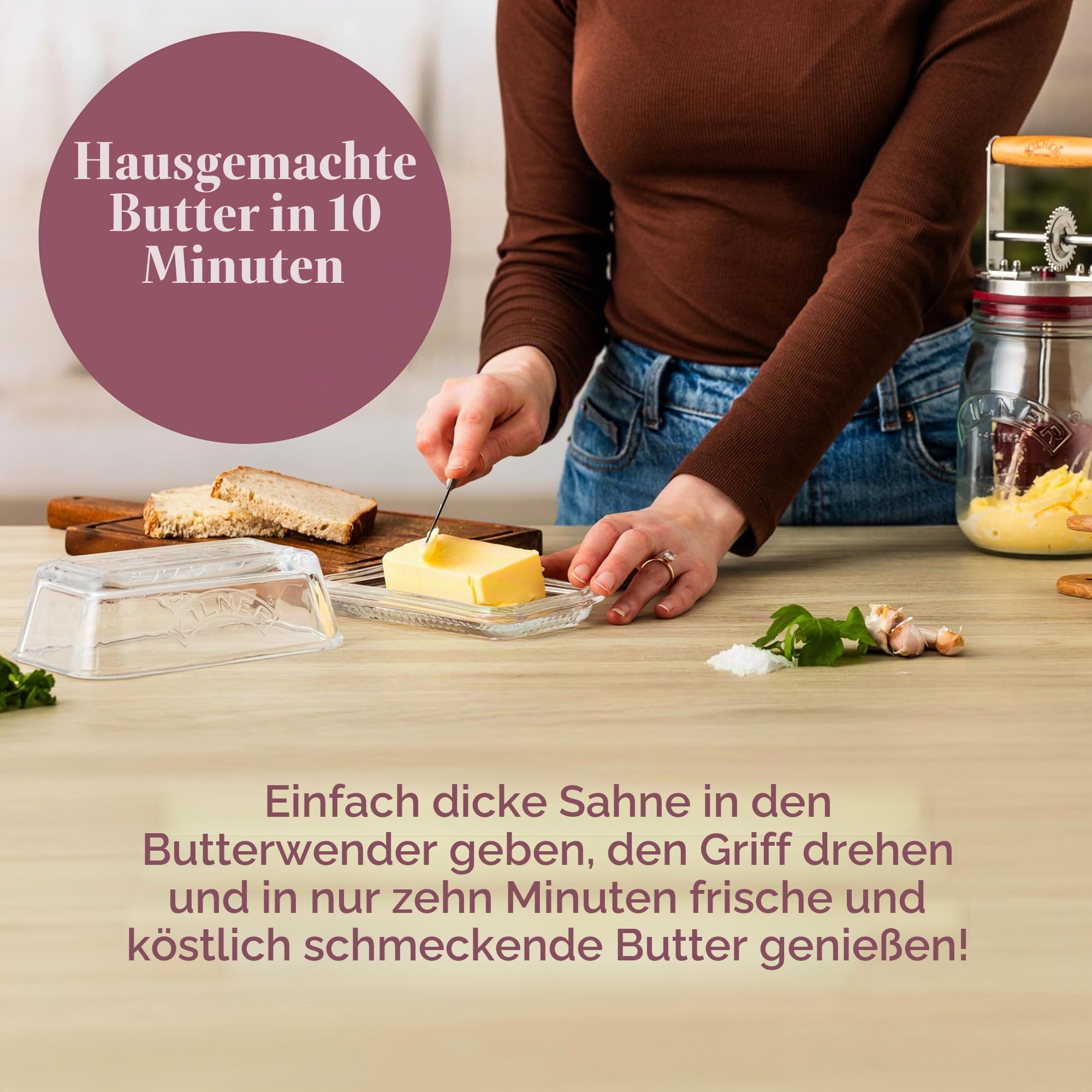 Kilner Butterfass Glas mit Handkurbel, leckere Butter selber machen in nur 10 Minuten, mit Silikonrührer, 1L, inkl. Anleitung und Rezepten, auch für Kräuterbutter, Knoblauchbutter usw., 27 cm hoch