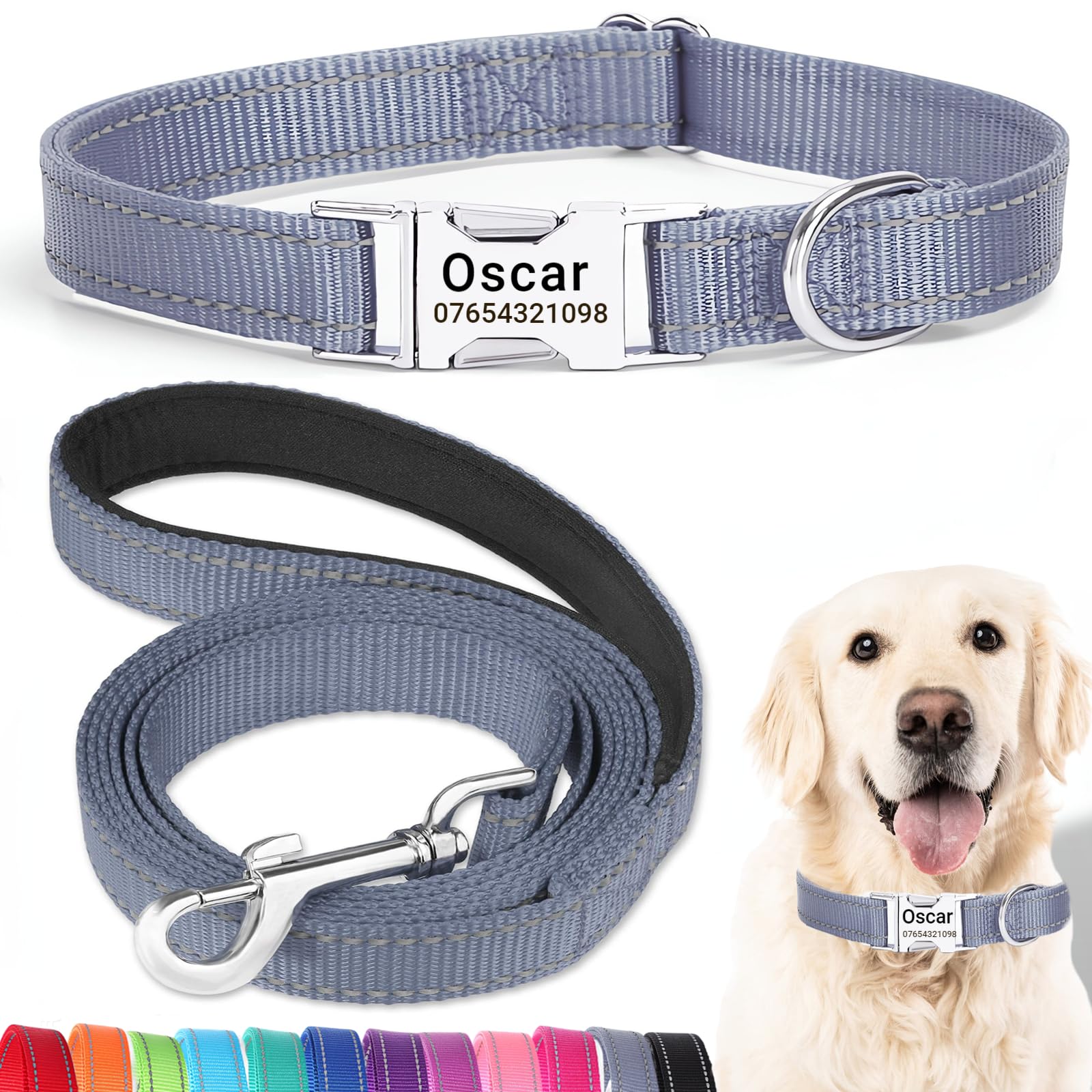 SEOUGEE Personalised Dog Collar and Lead Set with Engraved Metal Buckle, Reflective Nylon Dog Collars and Leash for Small Dogs with Custom Name Plate Phone Number (Grey Set, S:Neck 30-40cm)