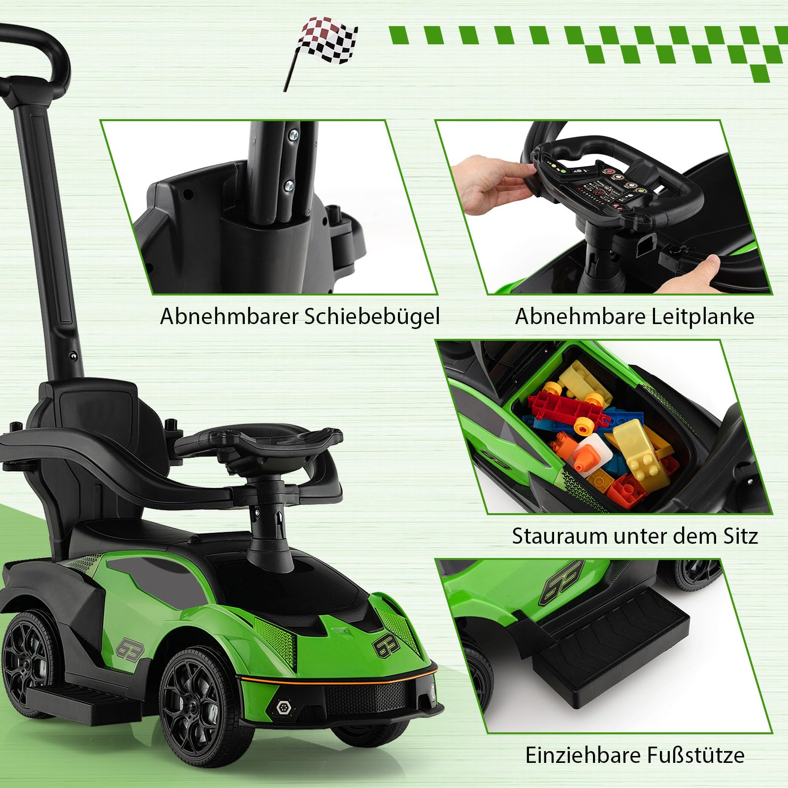COSTWAY Rutschauto Lamborghini, Rutschfahrzeug mit Schiebstange & Stauraum, Schiebeauto mit Lenkrad & Hupe & Motorsound, 3-in-1 Rutscher Auto für Kinder ab 1 Jahr (Grün)