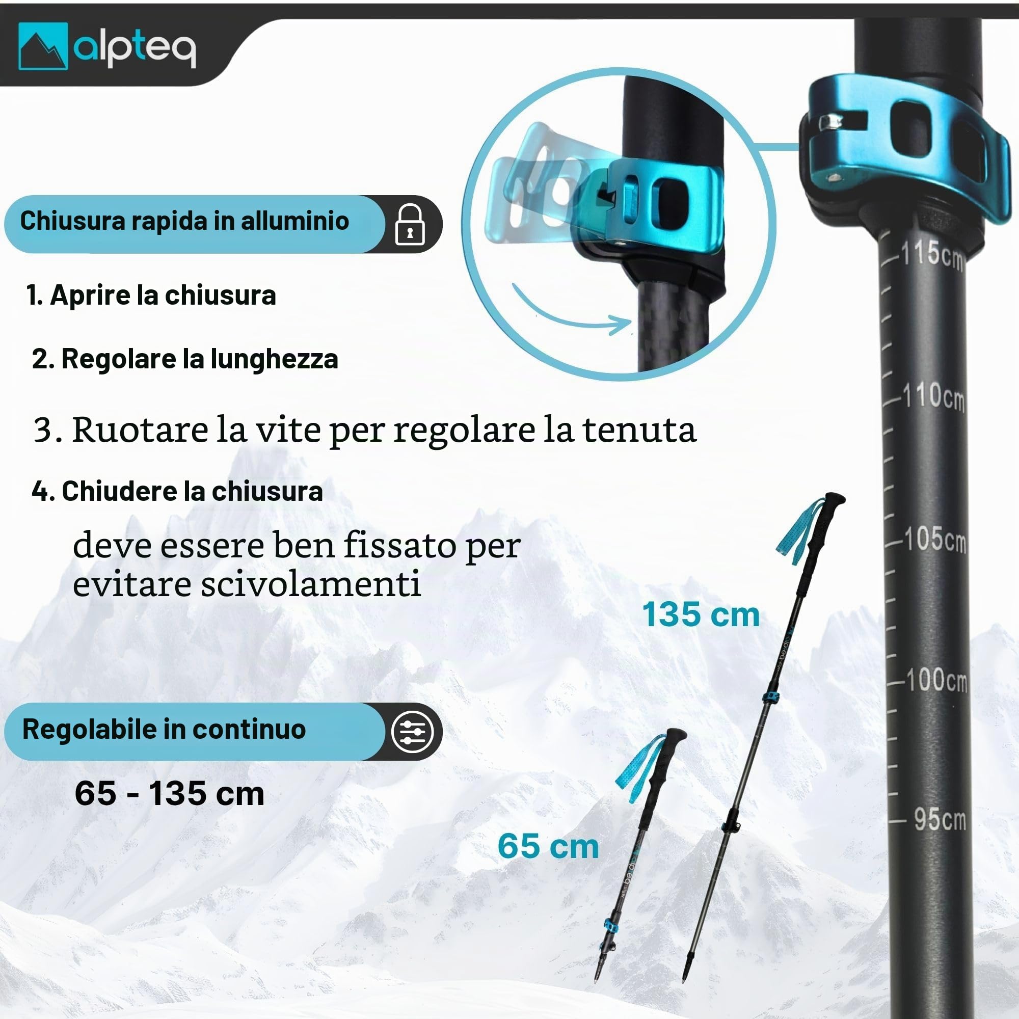Bastoni da trekking telescopici in carbonio e alluminio con impugnatura in sughero | ultra leggeri per nordig walking | per donne, uomini e bambini | regolabili 65-135 cm