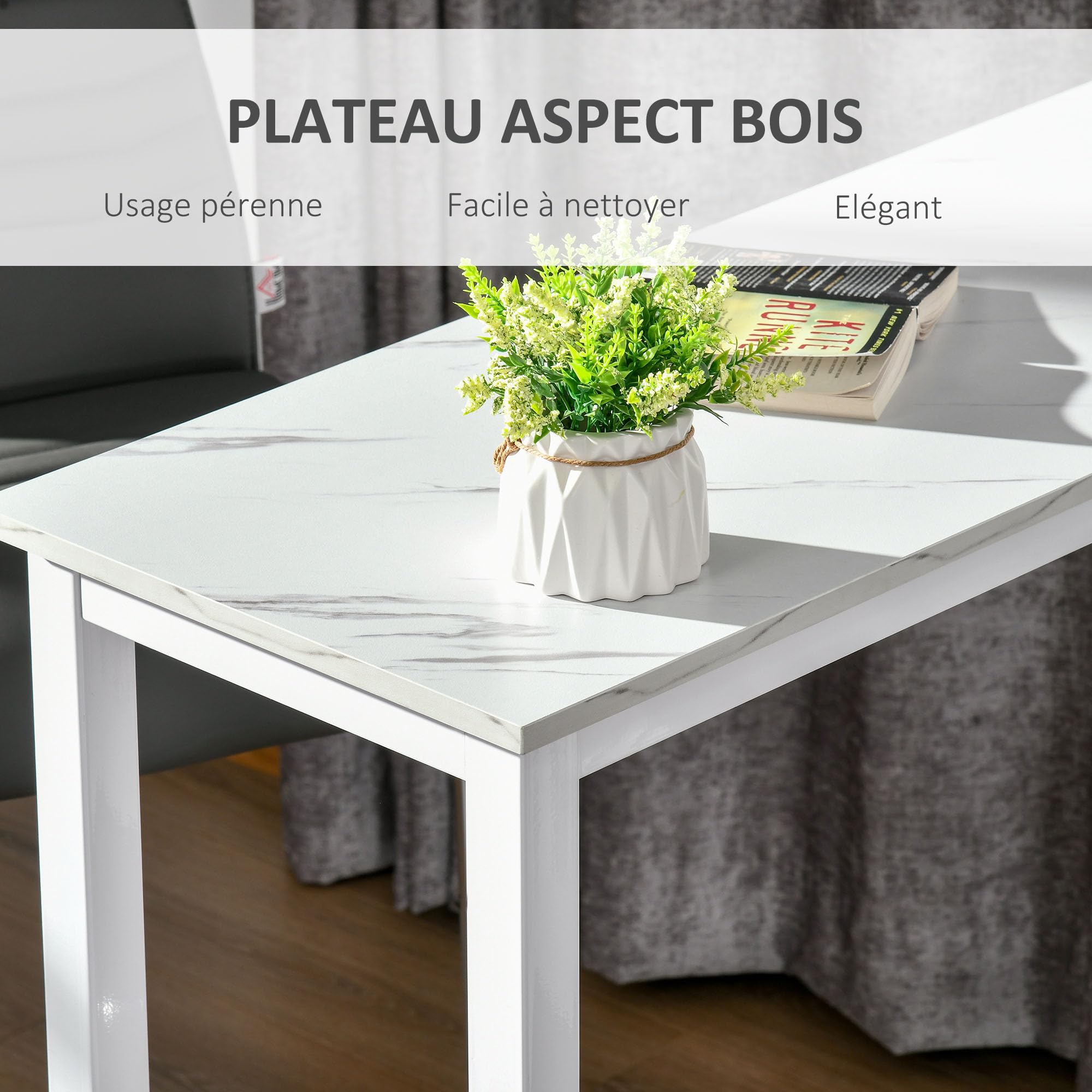 HOMCOM Table de Bar Table Haute de Cuisine Mange-Debout - dim. 120L x 40l x 100H cm - châssis piètement Acier, Plateau Aspect marbre Blanc