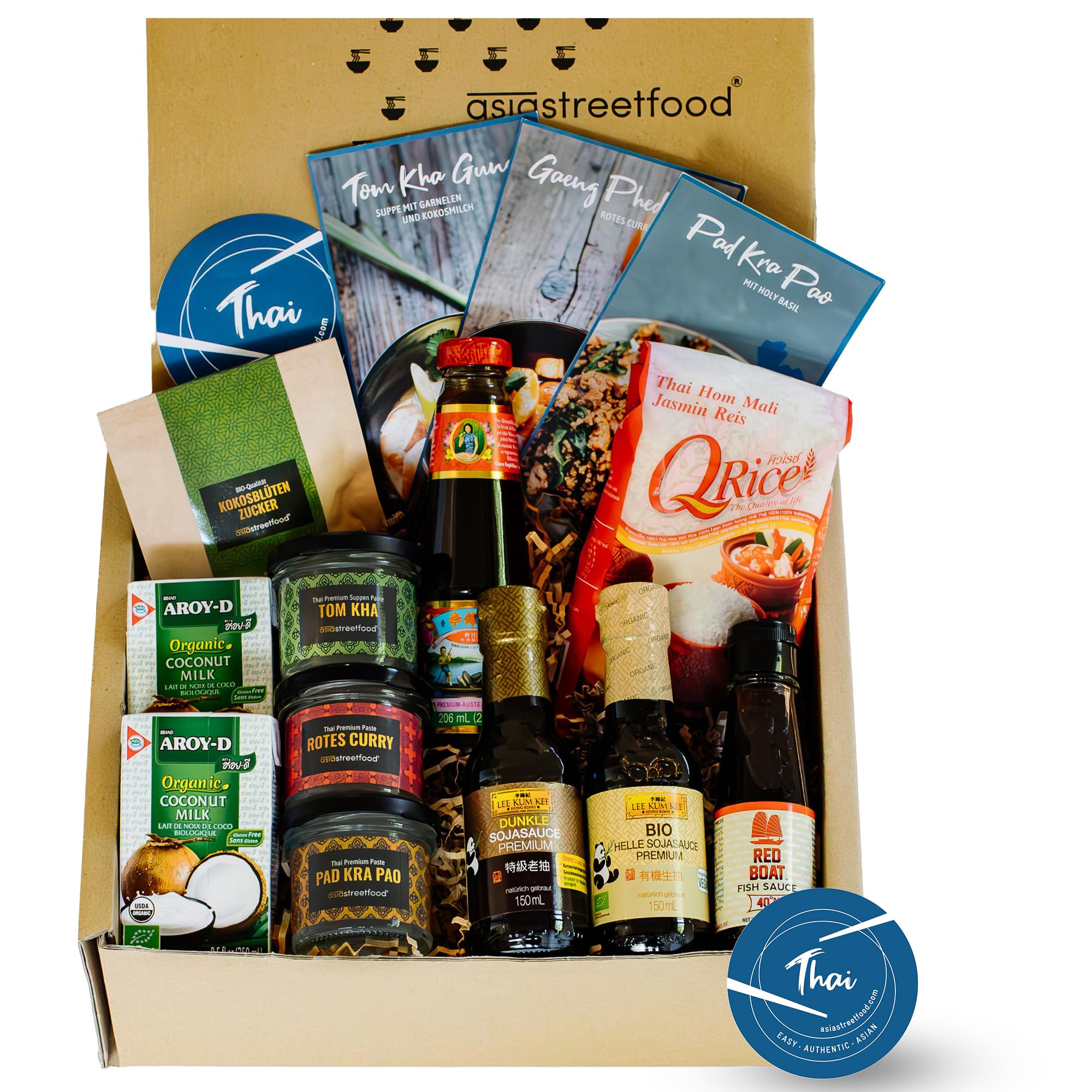 asiastreetfood Thai Curry Kochbox – Asia-Box mit Zutaten in Bio-Qualität & Rezeptkarten für 3 thailändische Gerichte – Für Pad Krapao, Rotes Curry & Tom Ka Gung – Asia-Geschenkset für Kochliebhaber