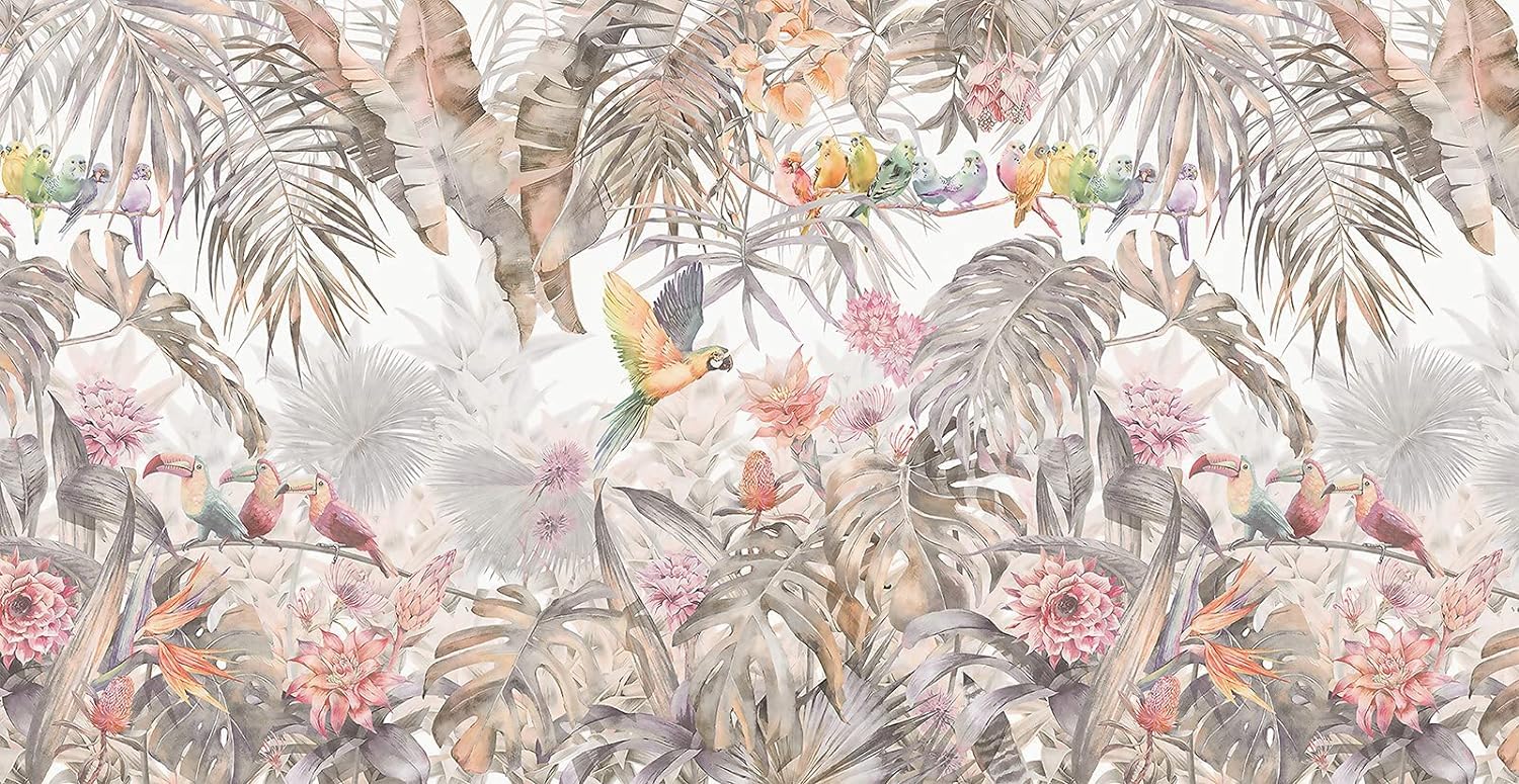Carta da parati 3D panoramica giungla in seta tropicale, 500 x 280 cm, piante rosa, fiori, foglie, uccello, pappagallo, grande poster da parete per soggiorno, adulti, cameretta dei bambini, studio