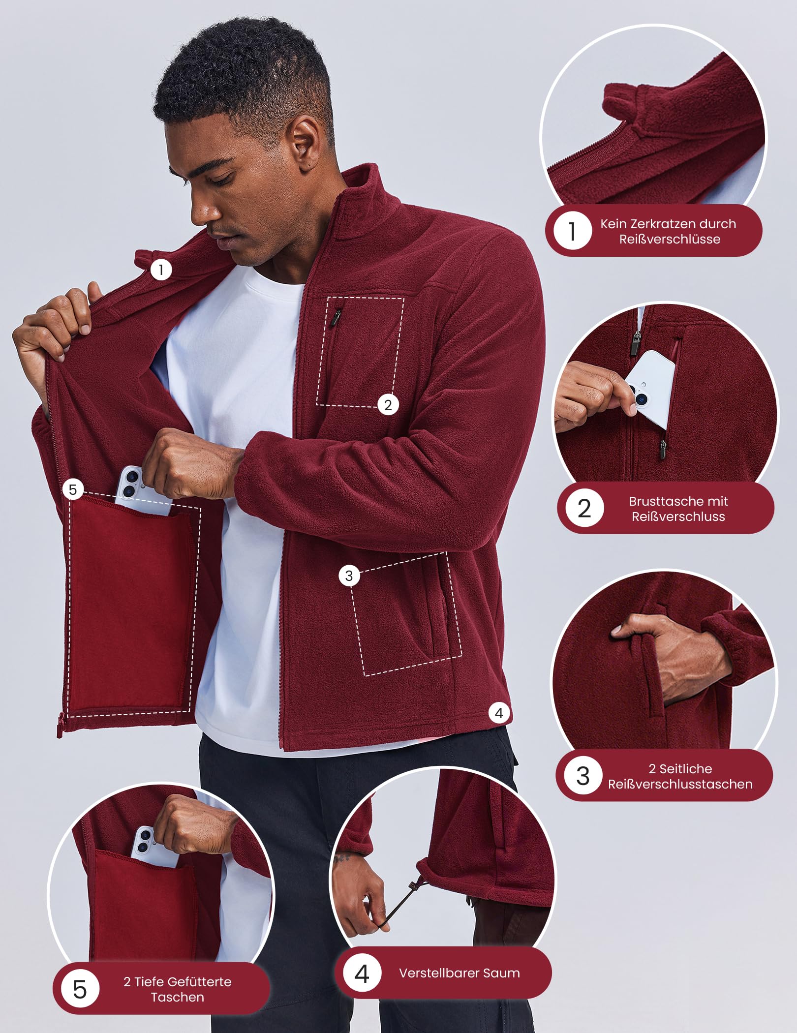 PINSPARK Chaqueta de forro polar para hombre con cremallera completa, chaqueta de invierno para exterior, trekking, correr, senderismo, chaqueta de punto de forro polar con varios bolsillos, ligera