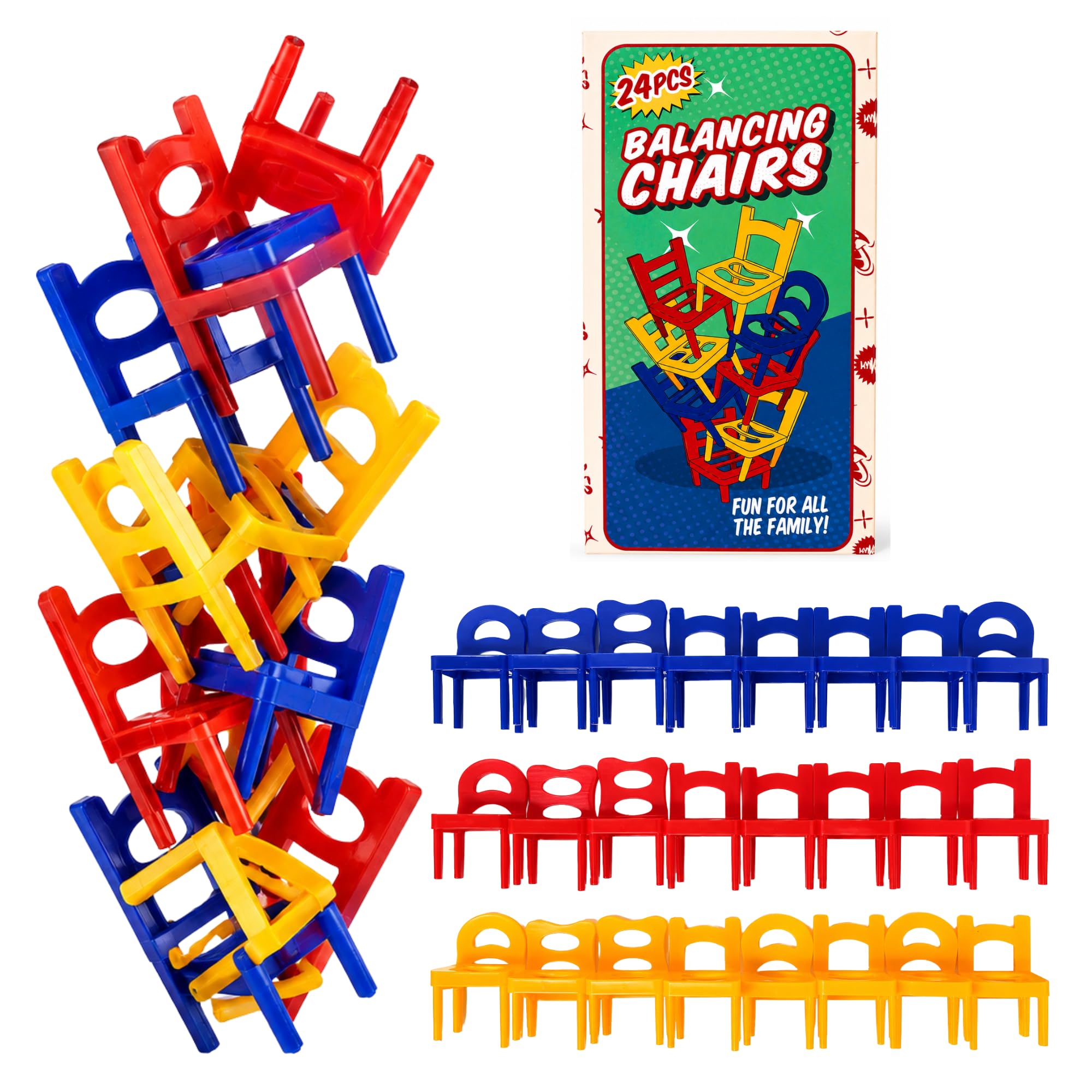 SRV Hub Balancing Chairs Stacking Game for Kids & Adults, 24 Piece Family Tower Balance Challenge, Colourful Mini Chair Skill Toy, Travel Party Tabletop Game, Up to 6 Players, Fun Family Board Game