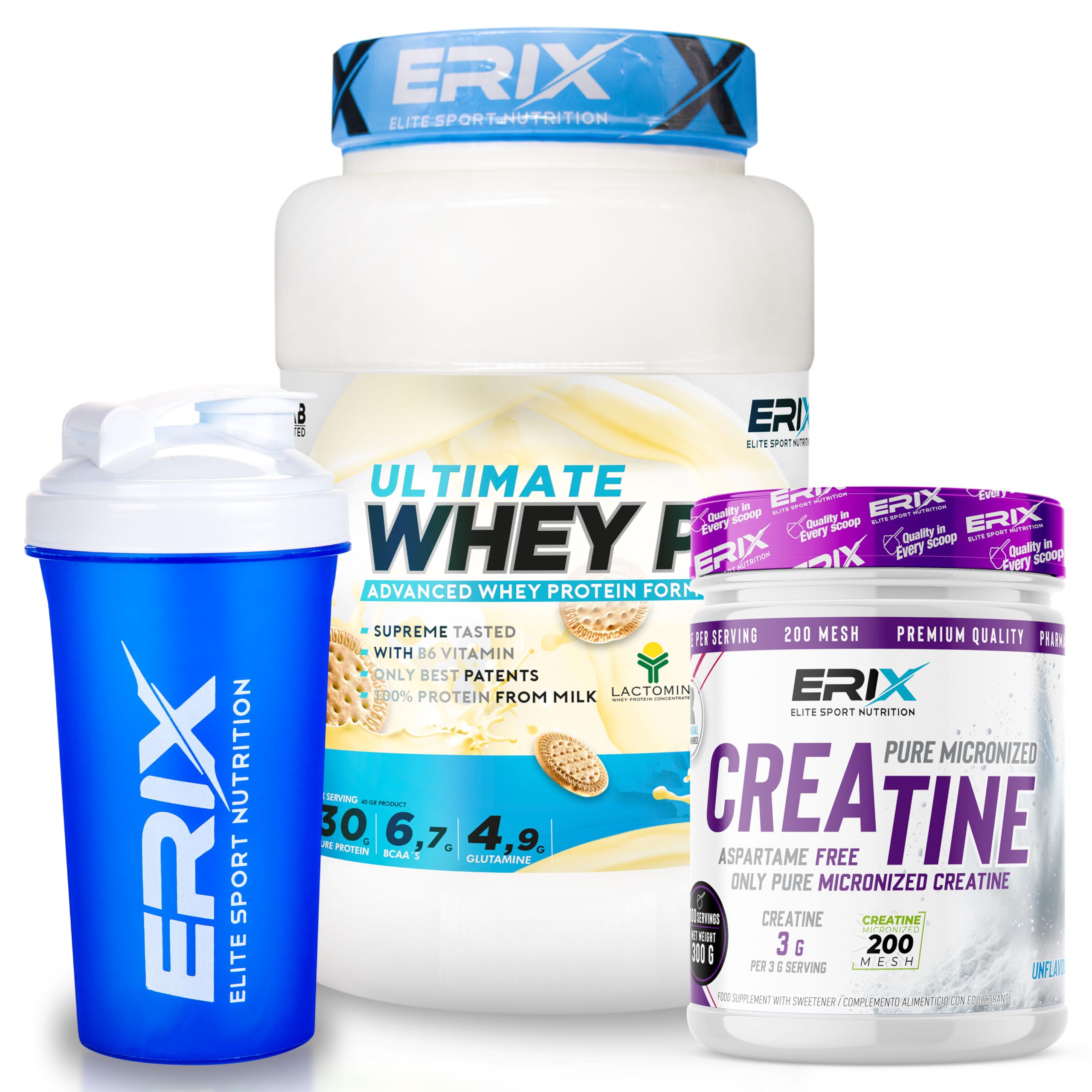 ERIX Nutrición Pack Muscular: Whey Plus Ultimate 1Kg+ Creatina Monohidrato Neutra 300g+ Shaker, Proteína Concentrada de Suero Leche, Aumento de Fuerza, Rendimiento y Recuperación (Galleta)