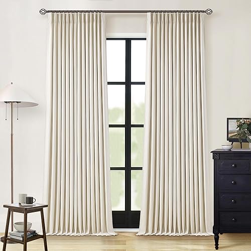 Miniatura 71 de Cortinas de lino 100% opacas de 90 pulgadas con pliegues de 2 paneles para sala de estar, con pestaña trasera plisada, cortinas oscuras con forma de