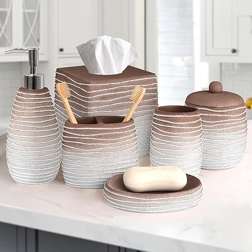 Miniatura 2 de Decozen Accesorios de baño  Juego de 6 piezas para decoración de tocador de baño, jabonera, dispensador de jabón, soporte para cepillos de dientes,