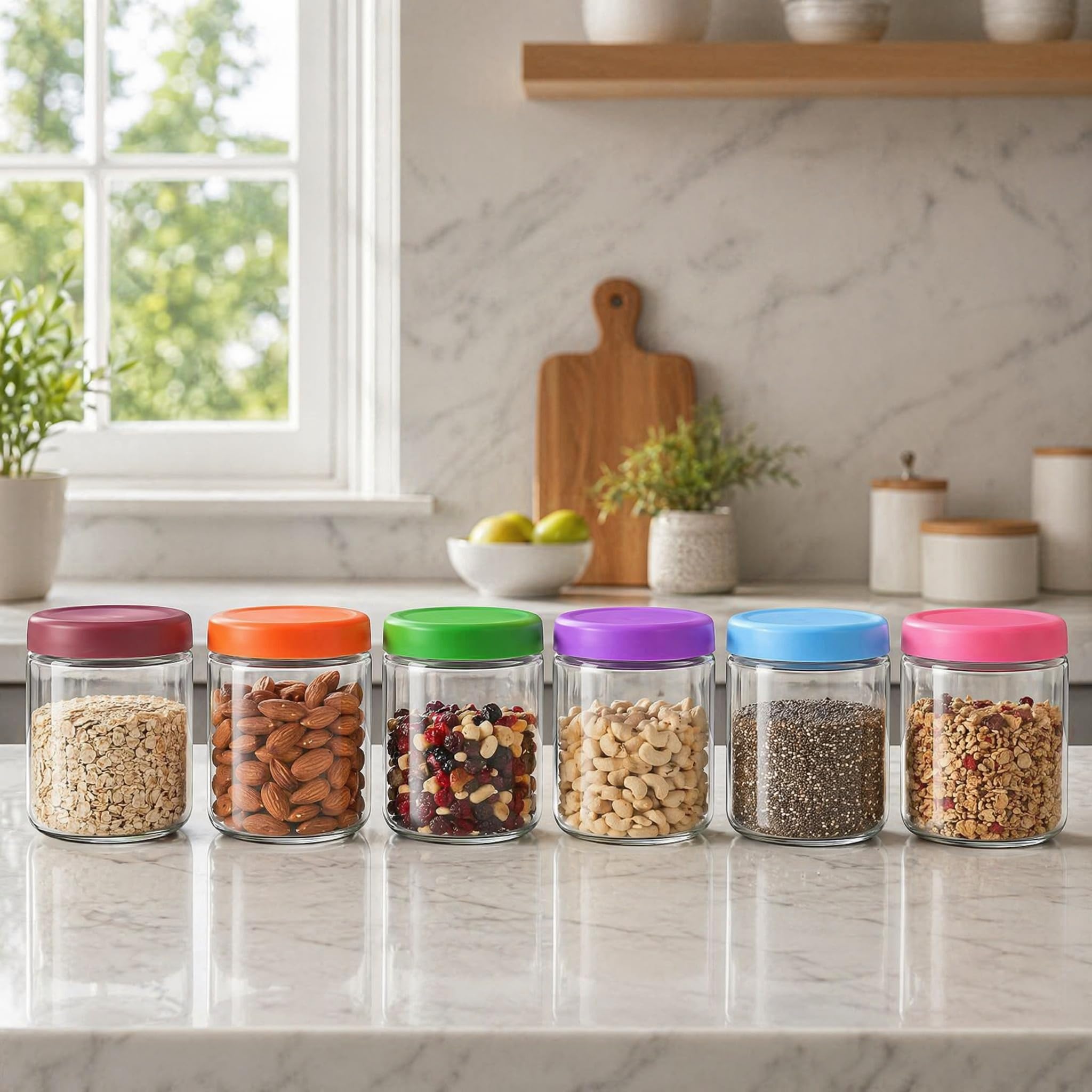 EONJOE Contenitori per avena da 473 ml con coperchio, confezione da 6 barattoli in vetro per la preparazione di cereali, caramelle, snack, insalata, yogurt, budino