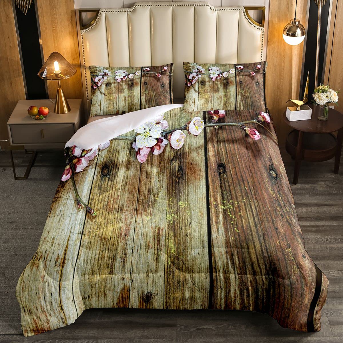 Loussiesd Cherry Blossoms Soft Duvet Floral Watercolor Style Branches Of Bloom On Wooden Background Bedding Set Pink Brown with 1 Pillowcase 2Pcs Bedding Single — image 1