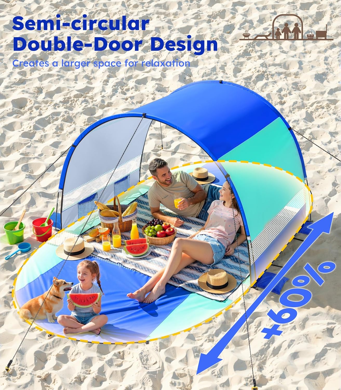 Rhino Valley Beach Tent, Beach Tent Sun Shelter with UPF50+ UV Protection, Double Doors Beach Canopy Portable Storage Bag for Beach Camping Fishing, for 2-3 People