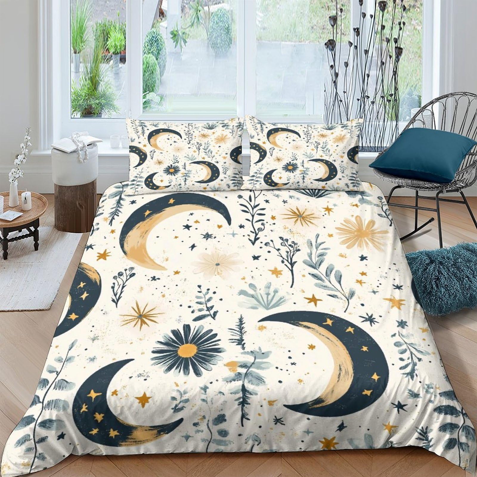 Ctjqhvkz Style-3 3D Printed Moon Star Fitted Sheet Microfiber Soft Dark Blue Sunflower Mattress Cover For Bedroom Dorm Decorative Use Single（135X200cm）