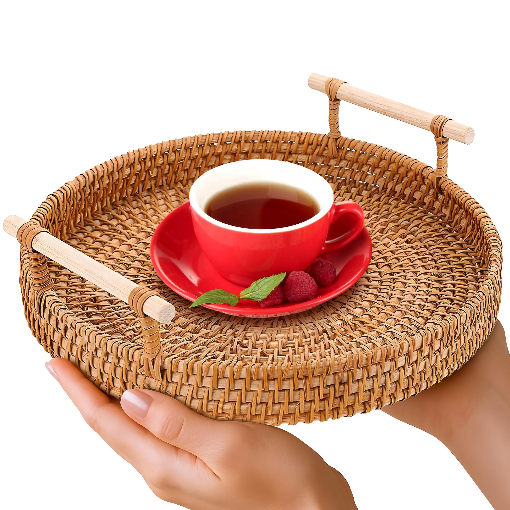 Photo 1 of *See Clerk Notes* Rattan Tray 8.7-Inch Round – Woven Serving Basket with Handles – Holidays Romantic Decorative Tray for Coffee Table, Bread, Fruit, Vegetables, Restaurant & Home Use Charming Styling Coffee Table Decor