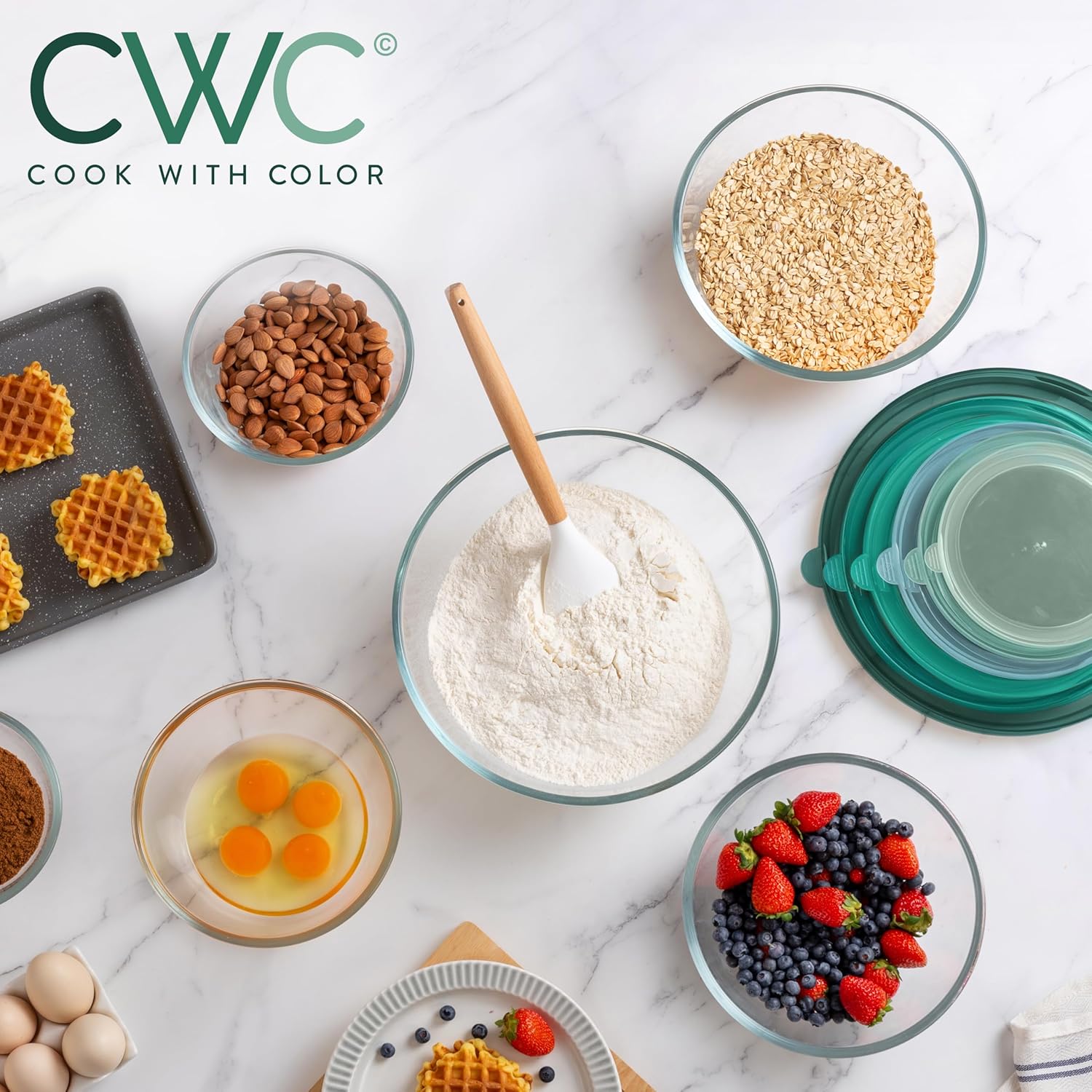 COOK WITH COLOR 12 Pc Glass Mixing Bowl Set with Lids – Borosilicate Glass Nesting Bowls for Cooking, Baking and Meal Prep, Sage