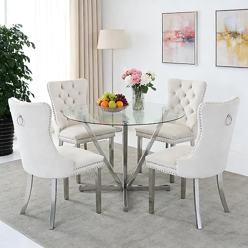 Miniatura 13 de Juego de mesa de comedor de cristal negro de lujo moderno de 45 pulgadas para 6, 7 piezas redondas de vidrio templado para cocina y comedor con Mesa