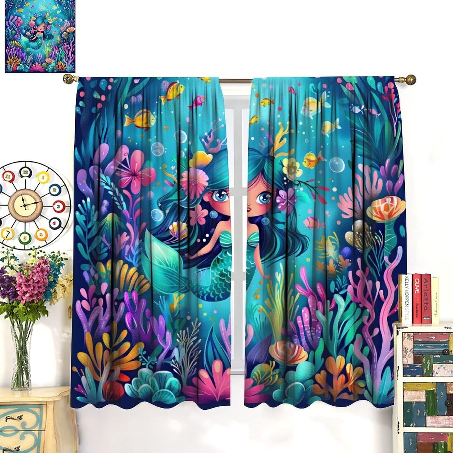 Cartoon Watercolor Mermaid Blackout Curtains Colorful Art Coral Sea Clownfish Fairy Tale Theme Rod Pocket Window Treatments for Kids Boys Girls Bedroom Kitchen Living Dining Cafe 42" W X 45" L