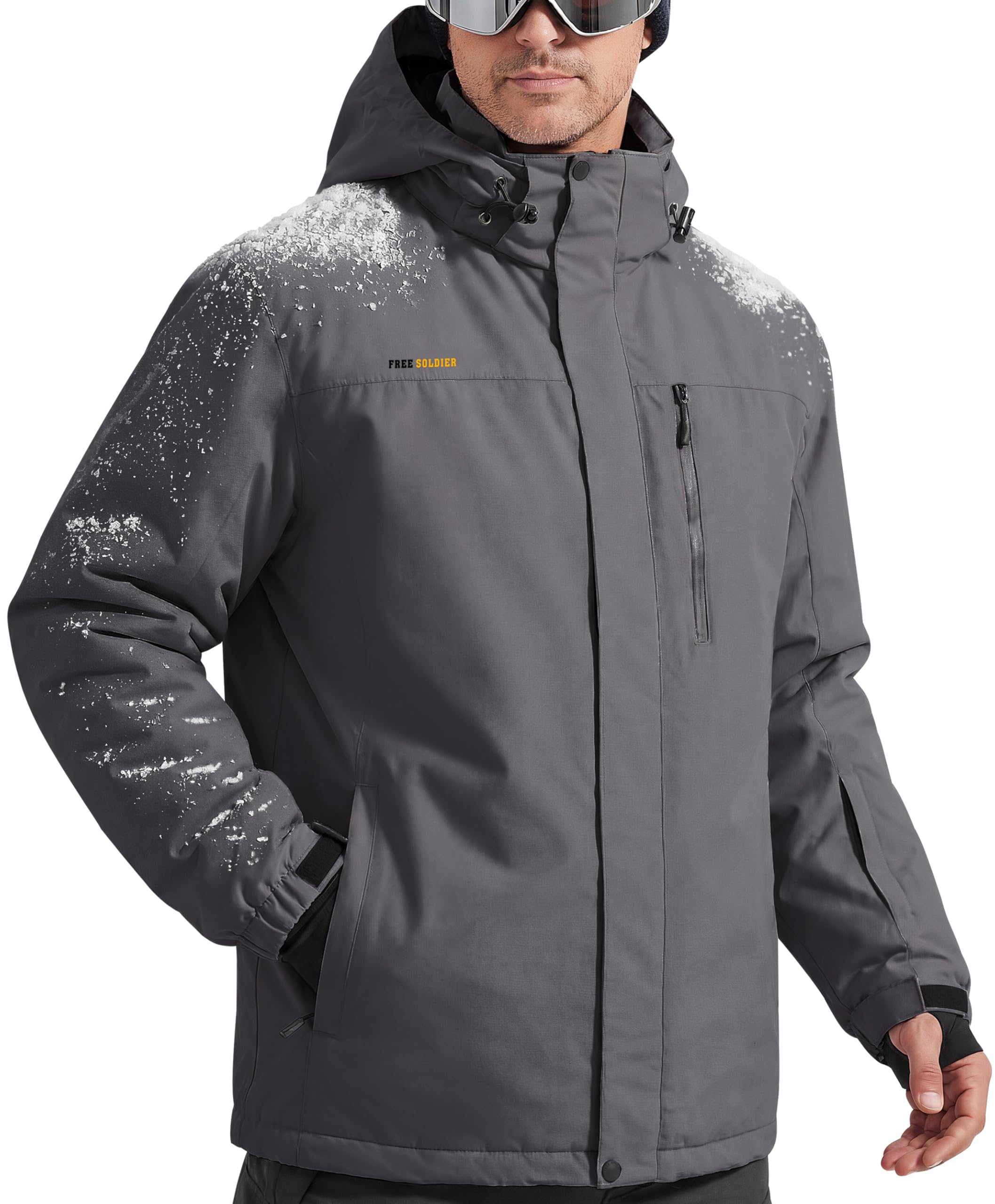 FREE SOLDIER Men's Waterproof Ski Snow Jacket Fleece Lined Warm Winter Rain Jacket with Hood Fully Taped Seams