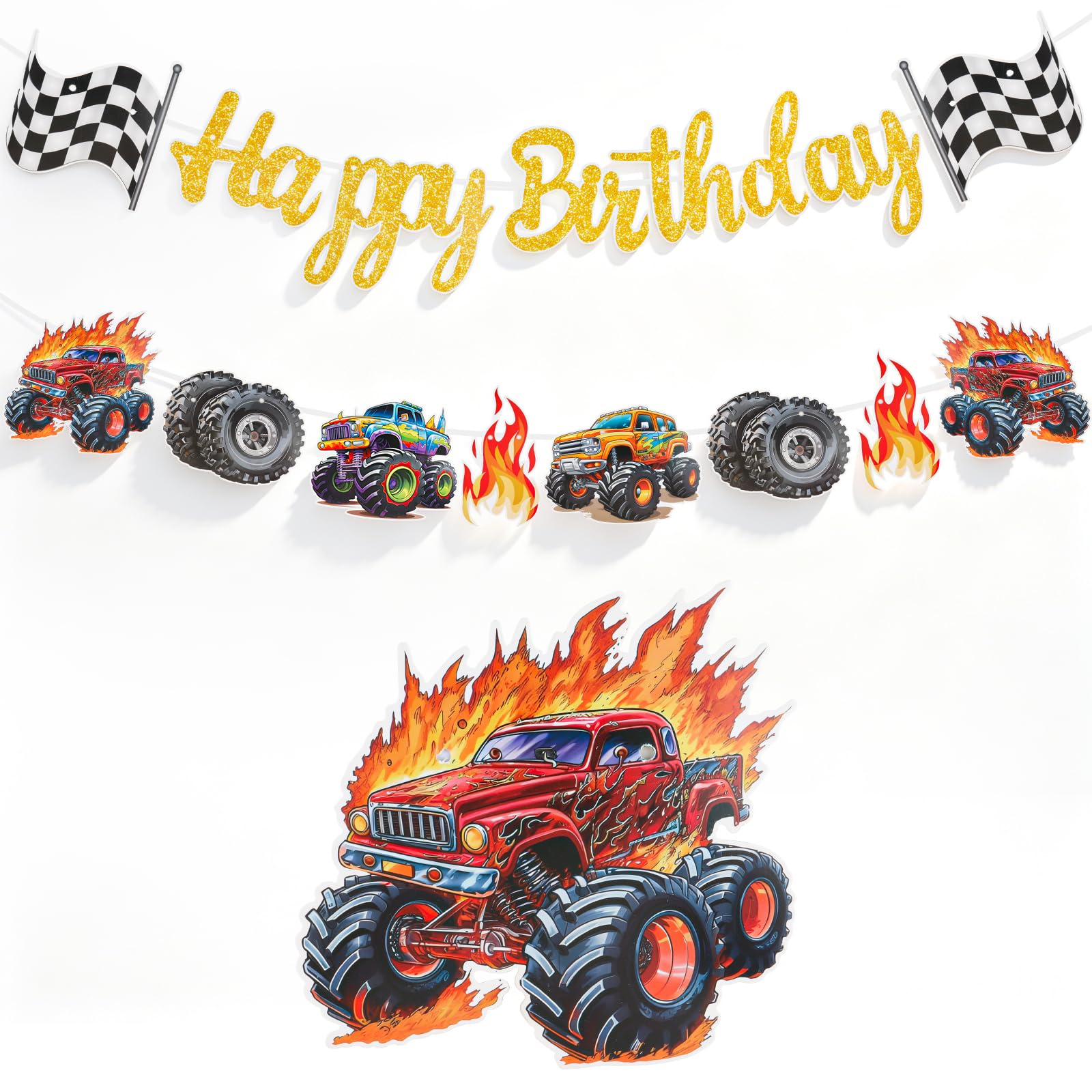 Big Wheels Truck Birthday Banner for Boys, Happy Birthday Bunting with Monster Truck Theme, Yellow & Black Party Decoration for Kids, Reusable Birthday Decor for Him