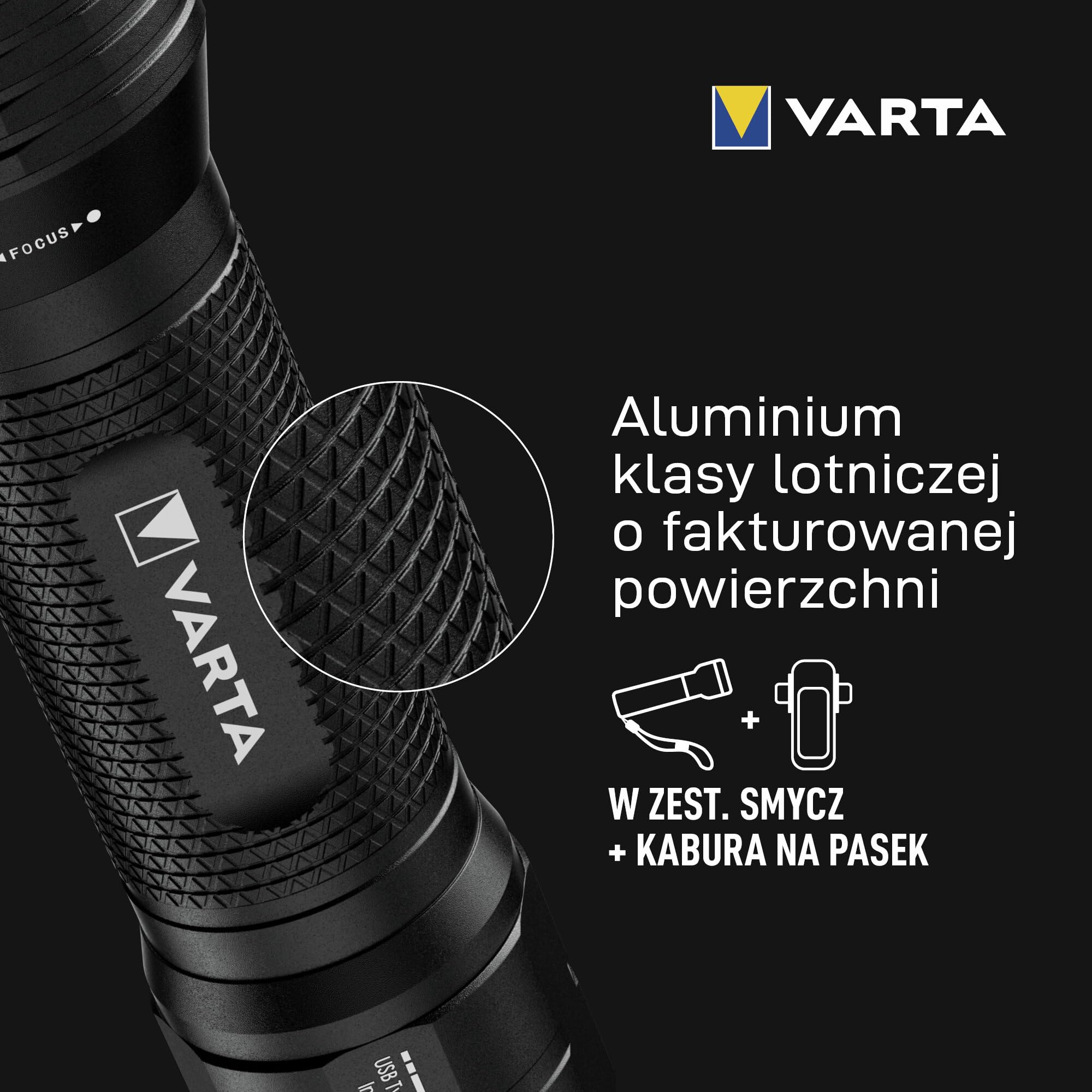 VARTA Latarka LED, Night Cutter Pro F20R tactical, 1000 lm, adowalna, IP67 wodoodporna, z regulacją ostrości, funkcja stłuczenia szkła, aluminiowa lotnicze, w tym kabura i smycz